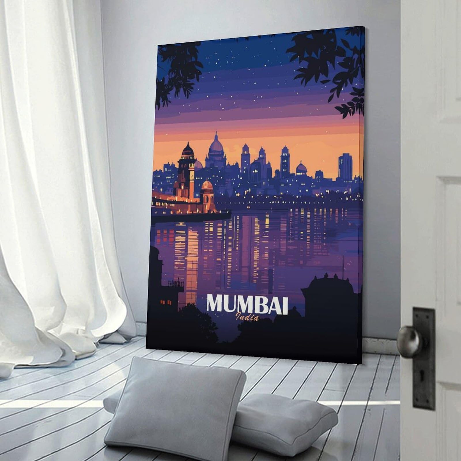 Junmoney Mumbai India Skyline at Dusk Canvas Wall Picture 24x36inch(60x90cm), for Living Spaces, Bedrooms Or Relaxed Rooms, Modern Wall Decor for Cosy Interiors