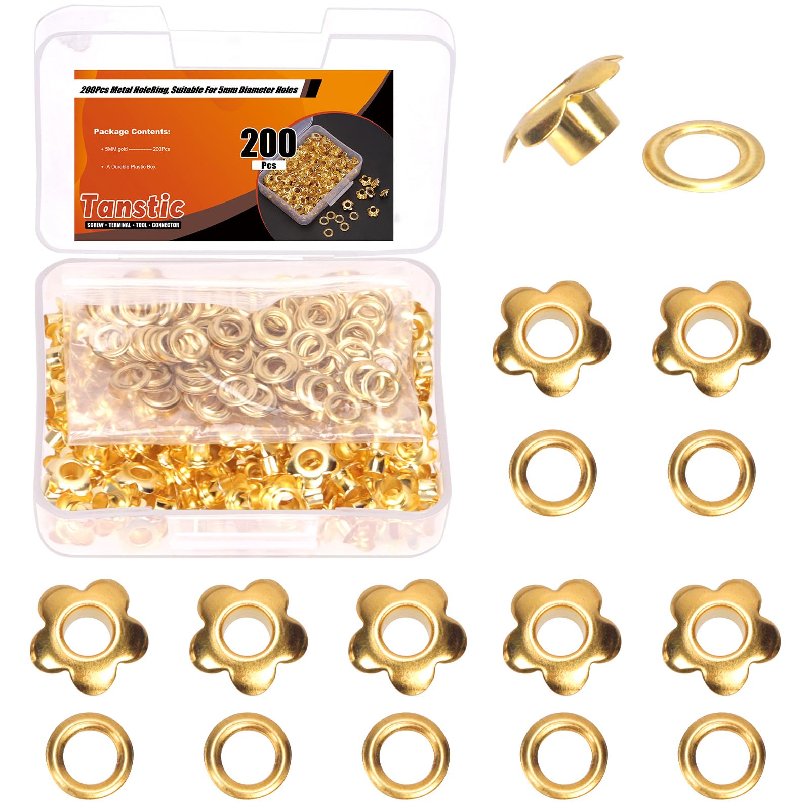 Tanstic 200Pcs 3/16 Inch Grommet Eyelets Metal Eyelets Flower Eyelet Grommets for Shoes Bag Leather (Gold)