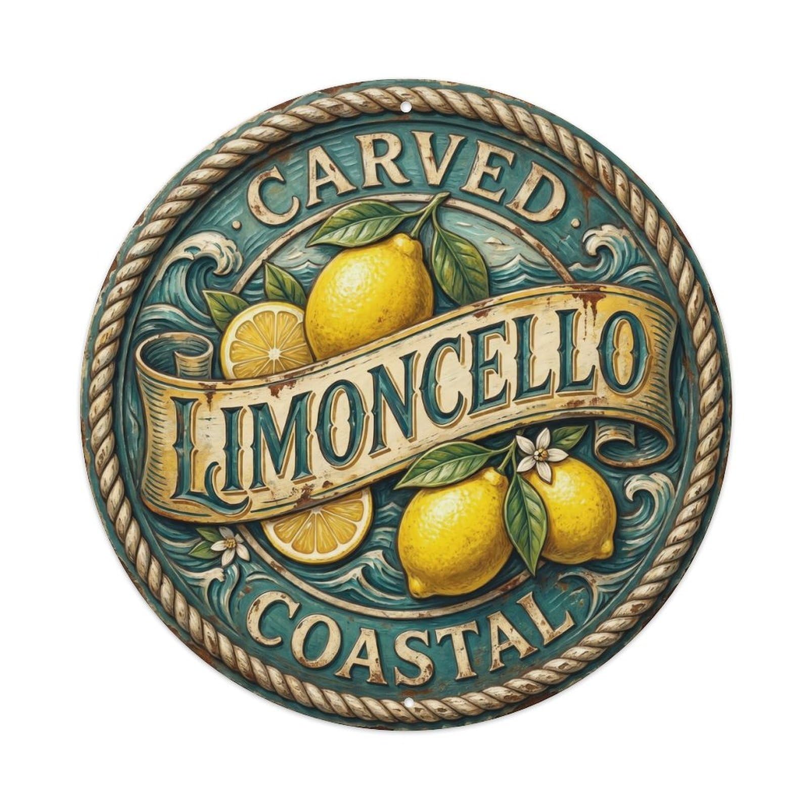 Carved Coastal Badge Limoncello Vintage Metal Tin Sign Plaque Wall Decor for Cafe, Club, Garden Round Metal Poster 8x8Inch