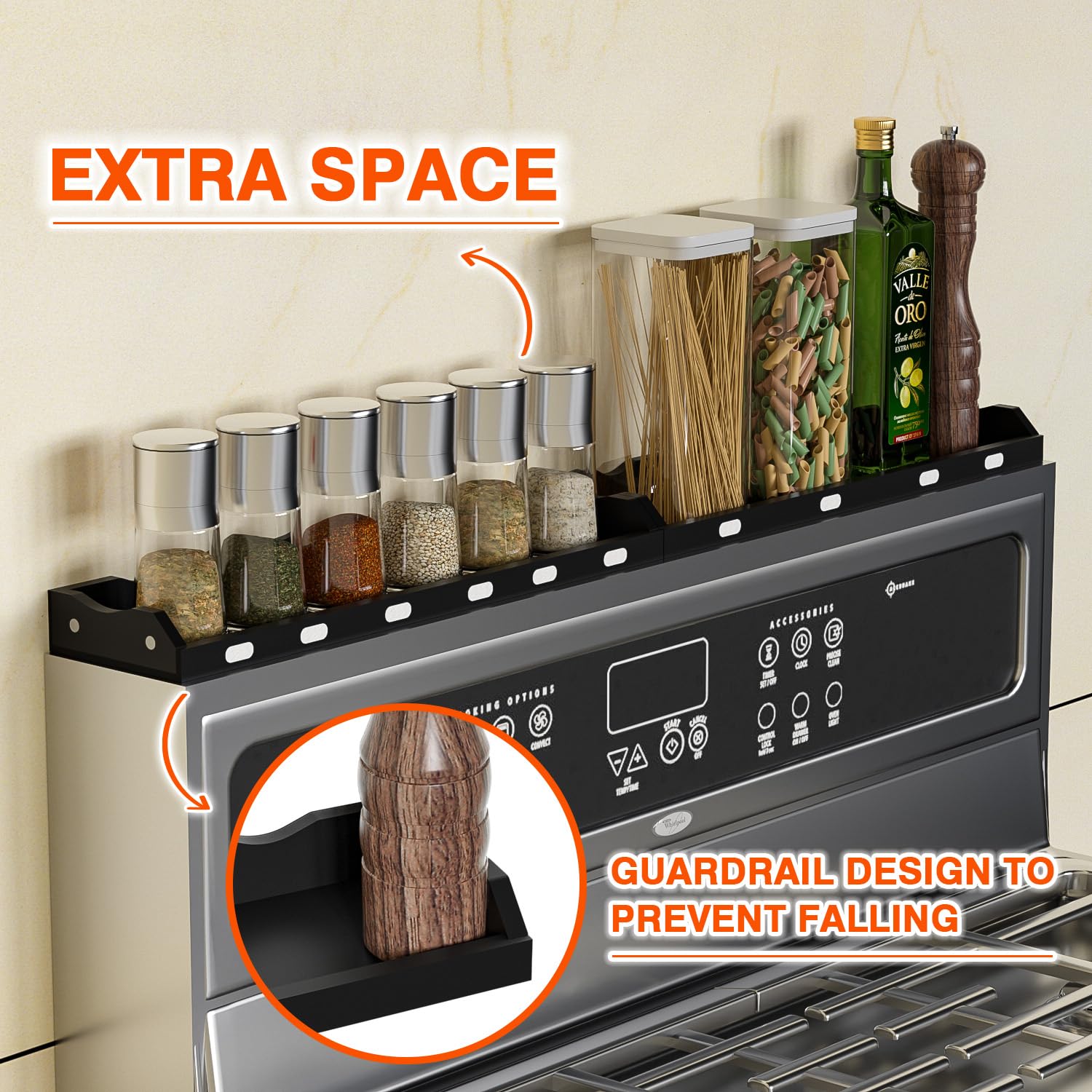 DALSHABET Bamboo Stove Top Magnetic Shelf Rack, Kitchen Organizer Spice Rack Over The Stovetop Shelf with Labels- Black (15"?ù2 Pieces Up to 30" Length)