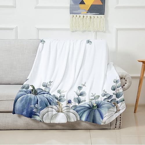 Miniatura 2 de Manta de vellón de calabazas de color azul y gris otoñal, 60 x 80 pulgadas, diseño de calabaza gris, hojas de eucalipto de Acción de Gracias,