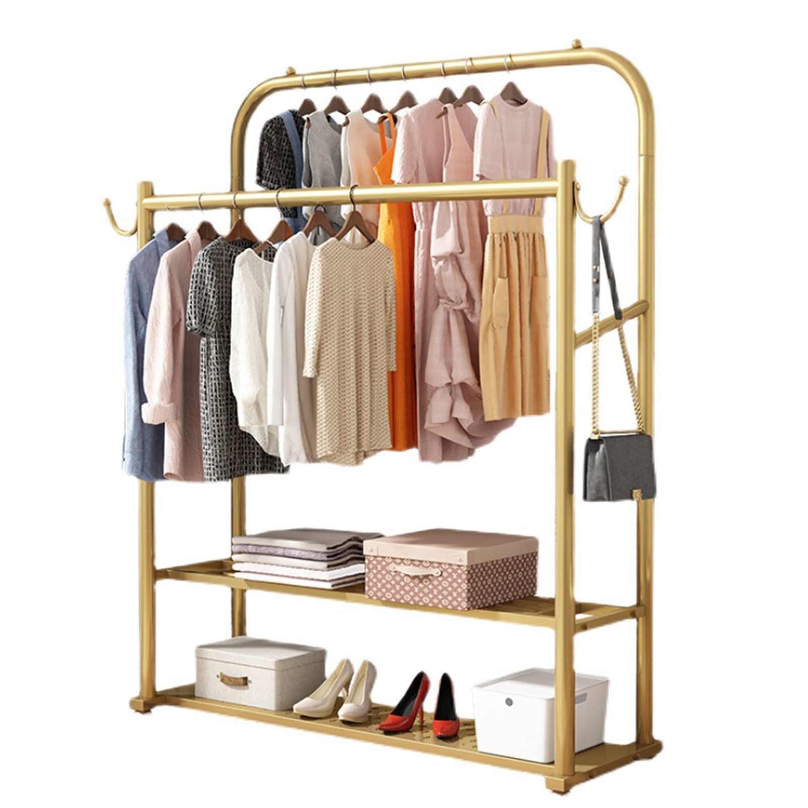 Kleiderständer Doppelschienen Kleiderständer Kleiderständer aus Metall mit 2-stöckigen Regalen Hochleistungs-Kleider-Organisator-Rack für Schlafzimmer-Kleiderständer zum Aufhängen von Kleidung, Gold