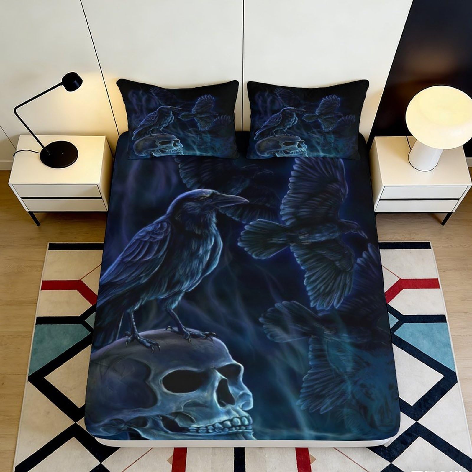 3D Printed Gothic Raven Skull Fitted Sheet Microfiber Bed Cover for Bedroom Guest Room Decor Dustproof Washable 90x200x25cm