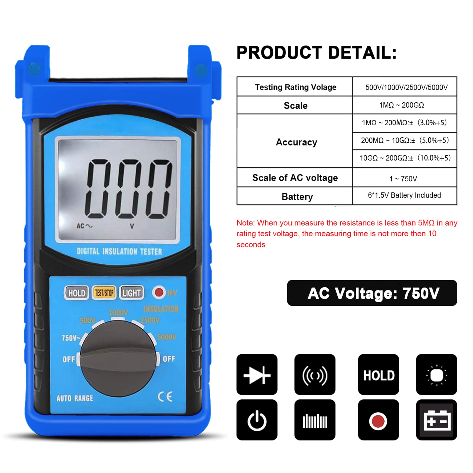 Probador de resistencia de aislamiento Megaohmímetro 1mΩ-200GΩ Voltaje de Prueba 5000V, Voltaje Multímetro AC 1V-750V Resistencia de Aislamiento Retroiluminación LCD e Indicador de Alto Voltaje