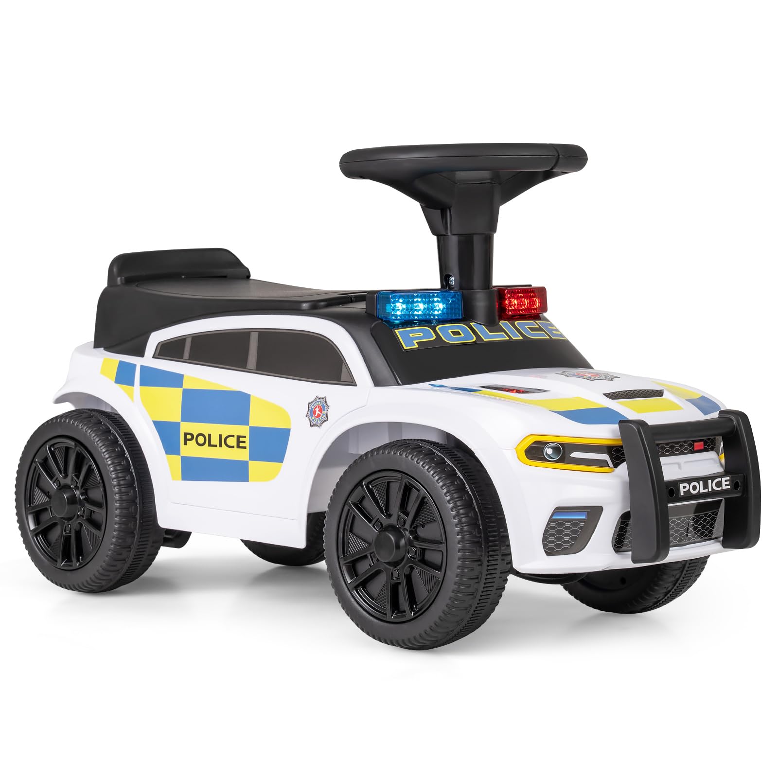 COSTWAY Ride on Police Car, Toddler Foot to Floor Sliding Car with Steering Wheel, Under-Seat Storage, Siren Sounds, Music & Flashing Lights, Kids Ride on Toy for Boys Girls 18+ Months (White)