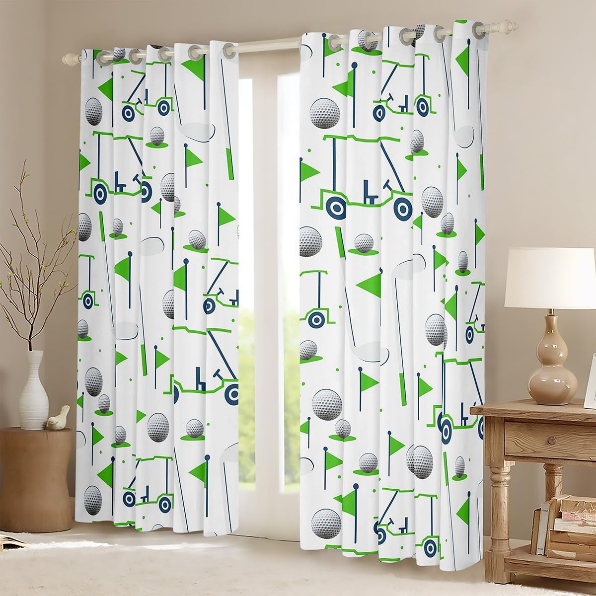 Feelyou Kids Golf Curtains for Bedroom Living Room (2 Panels, 52x84 Inch) Golf Ball Golf Club Darkening Curtain Golf Lover Sports Hobby 30%-50% Blackout Shades Window Treatments Green White Decor