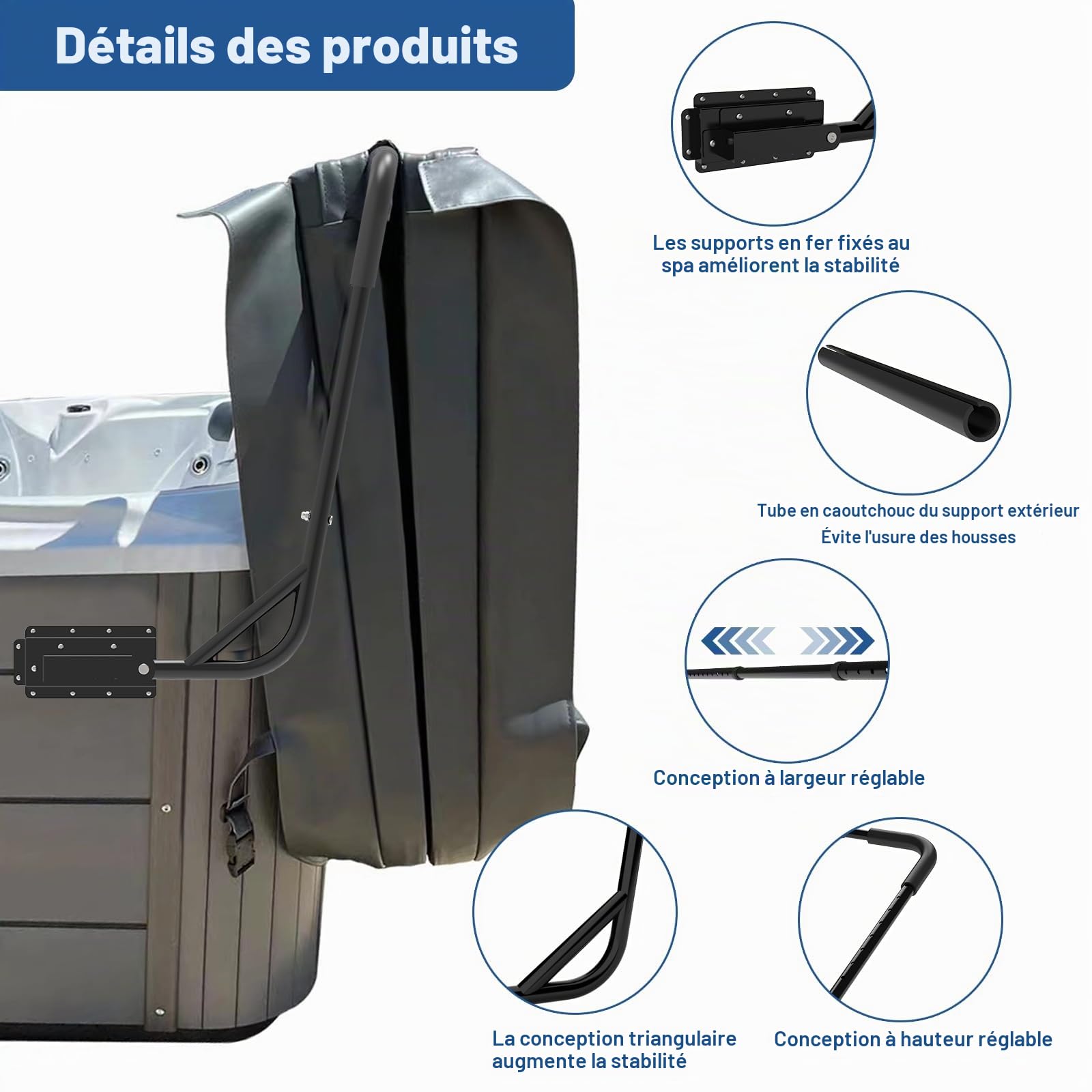 TOCRETOARE Élévateur de couverture de jacuzzi, système de retrait de couverture de jacuzzi, hauteur et largeur réglables, convient à la plupart des spas