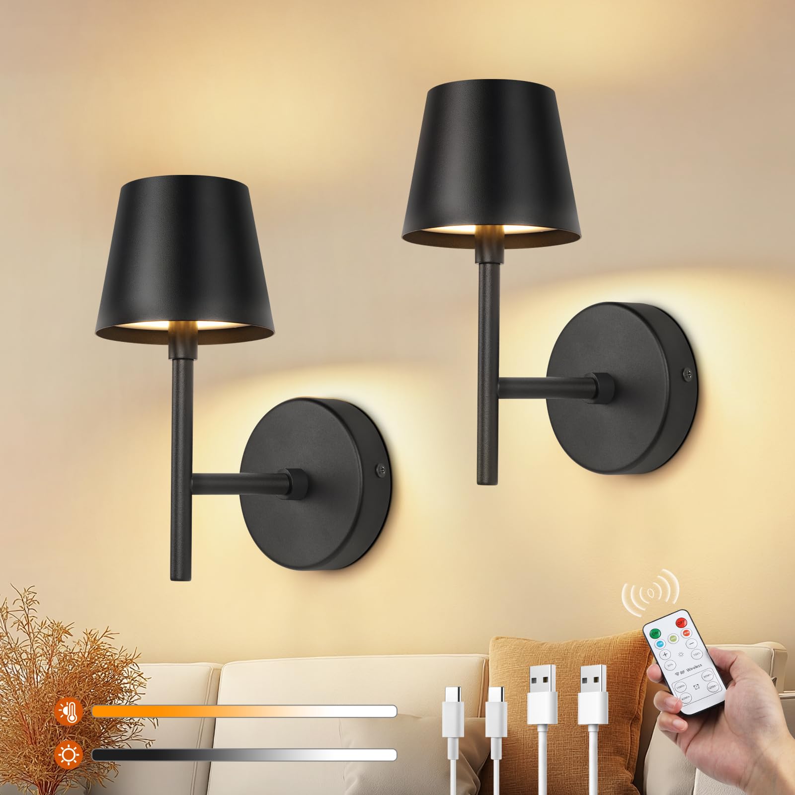 Ketom 2 Stück Wandleuchte Innen Akku Schwarz, Modern Wandlampe Innen LED Dimmbar, Wandleuchte Ohne Stromanschluss mit Fernbedienung und Timerfunktion, 3 Farbtemperaturen, Kurzer Stab