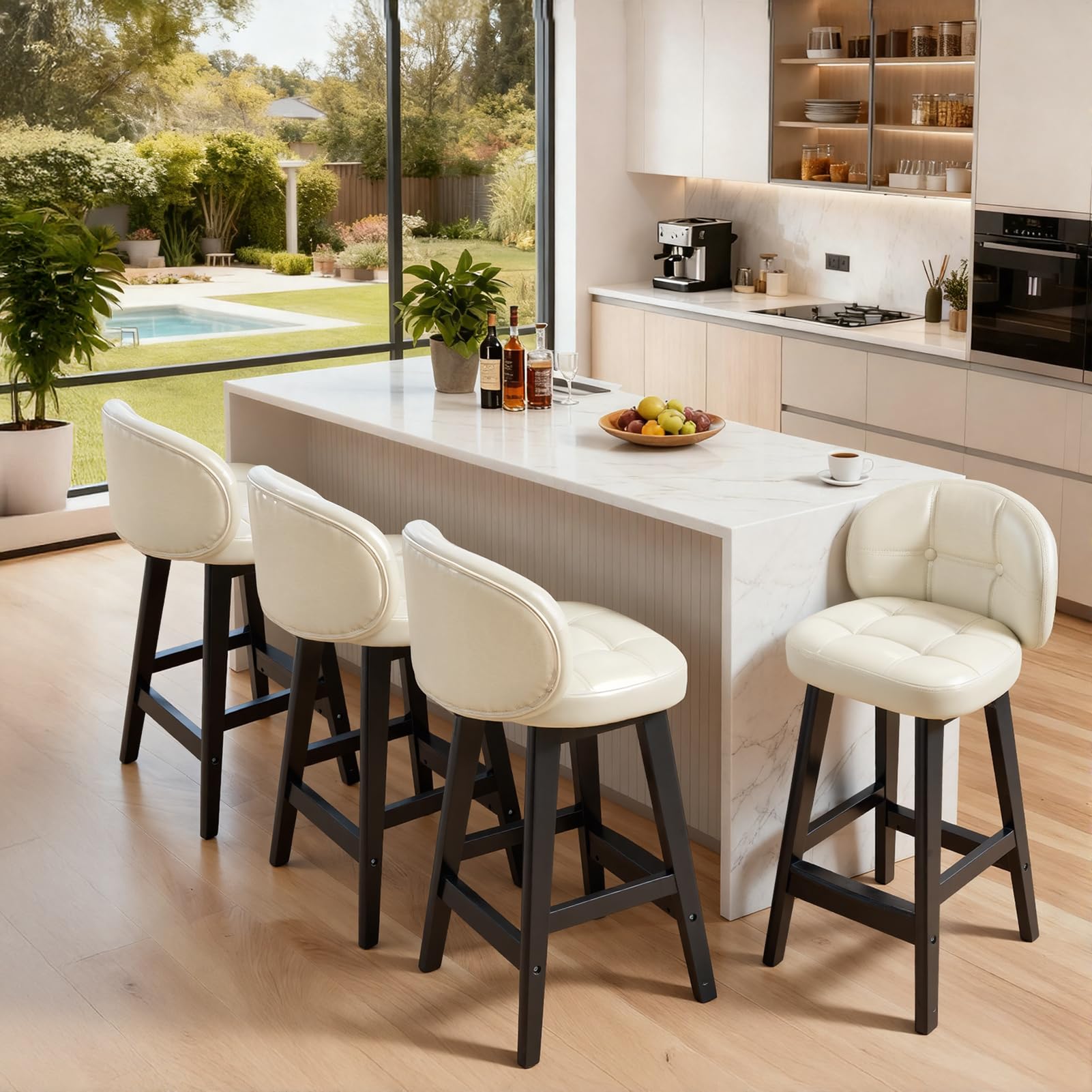 Warmiehomy Bar Stools Set of 4, Pu Leather Kithcen Counter Height Breakfast Counter Height Bar Stools with Back, 65cm Seat Height Bar Chairs for Kitchen Island, Dining Room, Pub, Bistro, Cafe, Beige