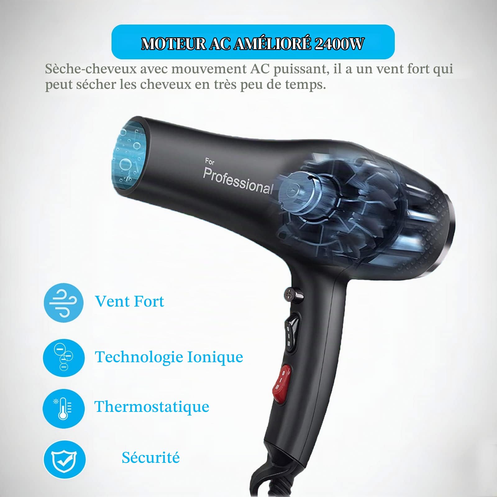 Sèche Cheveux Professionnel 2400W, LOEVERY Sèche-Cheveux Ionique AC Moteur avec Diffuseur, Hair Dryer Avec 2 Vitesses 3 Réglages de chauffage,Touche air frais,Concentrateur,Curl&Straight