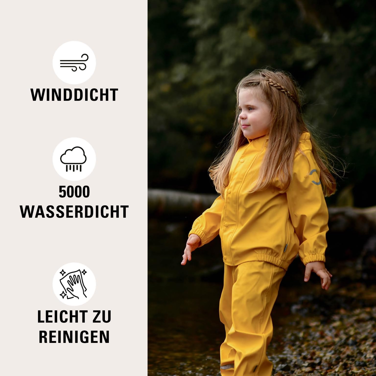 Mikk-line Juego de lluvia de dos piezas de poliuretano con tirantes, Öko-Tex, estándar 100, material de poliuretano 100% reciclado, para niños y niñas, pantalones de lluvia y chubasquero, detalles
