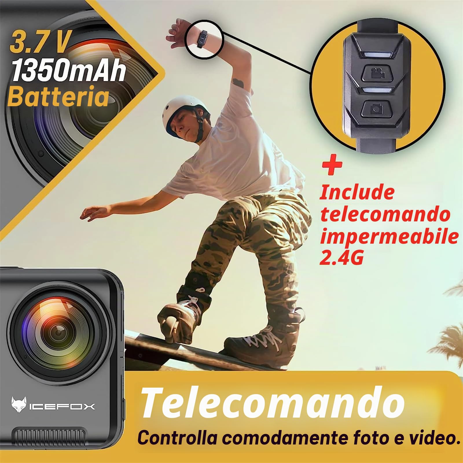 icefox Action Cam 5K 20MP 30FPS WiFi, Fotocamera Subacquea 30M con Touch Screen, Stabilizzatore EIS 170° Grandangolare 4x Zoom, Action Camera con Telecomando e Kits di Accessori