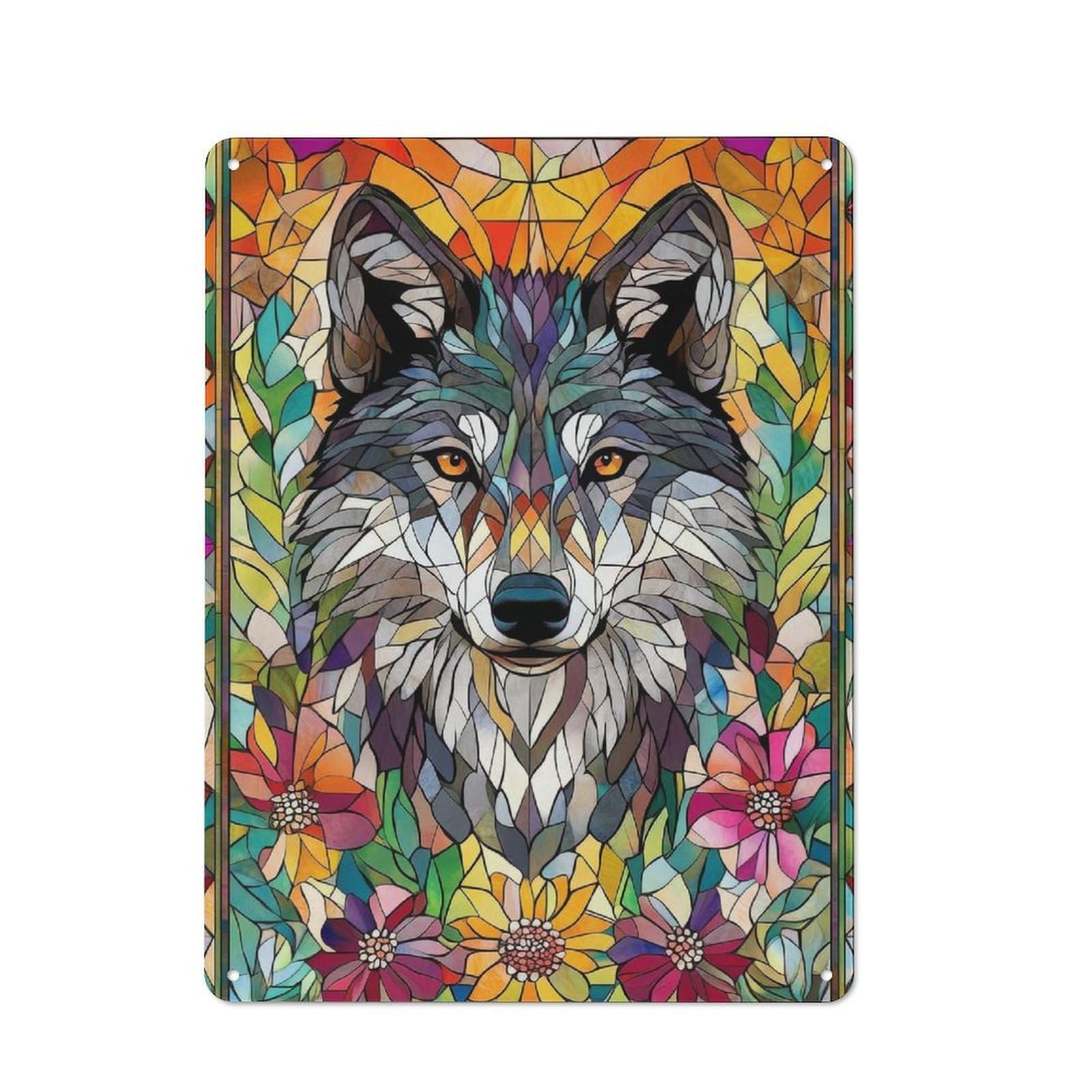 Junmoney Wolf In Flowers Mosaic 40X30cm Retro Tin Sign With For Kitchen Or Home Bar, A Decorative Gift For A Newly Furnished Kitchen And Home Bar