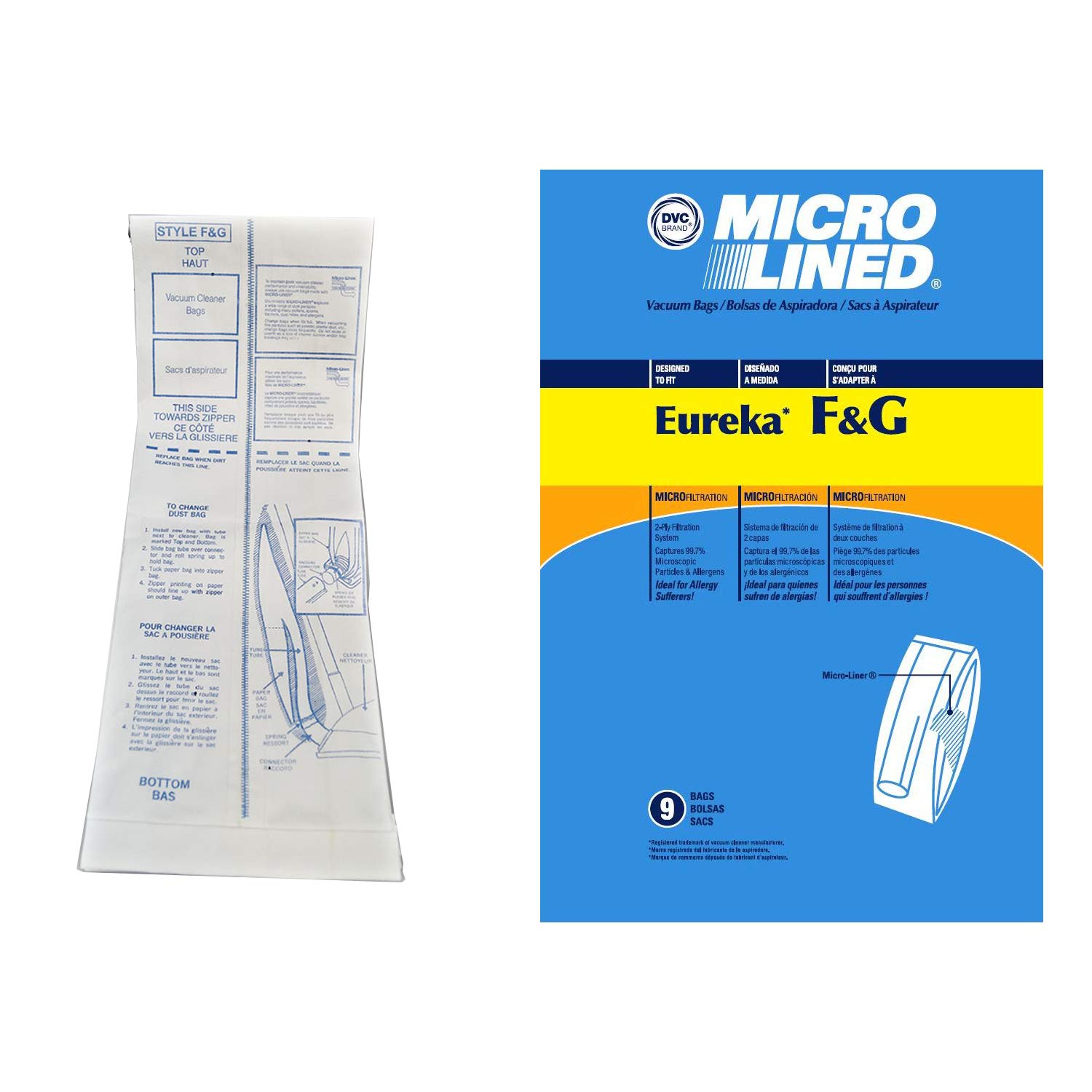 DVCMicro-Lined Paper Replacement Bags For Eureka Style F/G and Sanitaire Commercial Uprights - 9 Bags