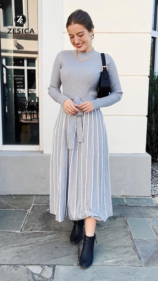 Robe Longue Femme Col En V- Robe Cocktail Plissée Manches Longues Taille Haute à Lacets Couleur Unie Coupe Ample Chic Et Élégants Décontracté Confortable Automne Hiver Dress Pour Fête