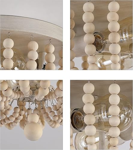 Miniatura 5 de Q&S Boho Chandelier Wood Beaded Flush Mount Ceiling Light Fixtures for Nursery Baby Bedroom Kitchen Hallway,Oak White Finish,2-Lights