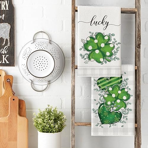 Miniatura 4 de Artoid Mode Lucky Shamrock - Juego de 2 toallas de cocina de eucalipto para el día de San Patricio, 18 x 26 pulgadas, diseño de búfalo de corazón