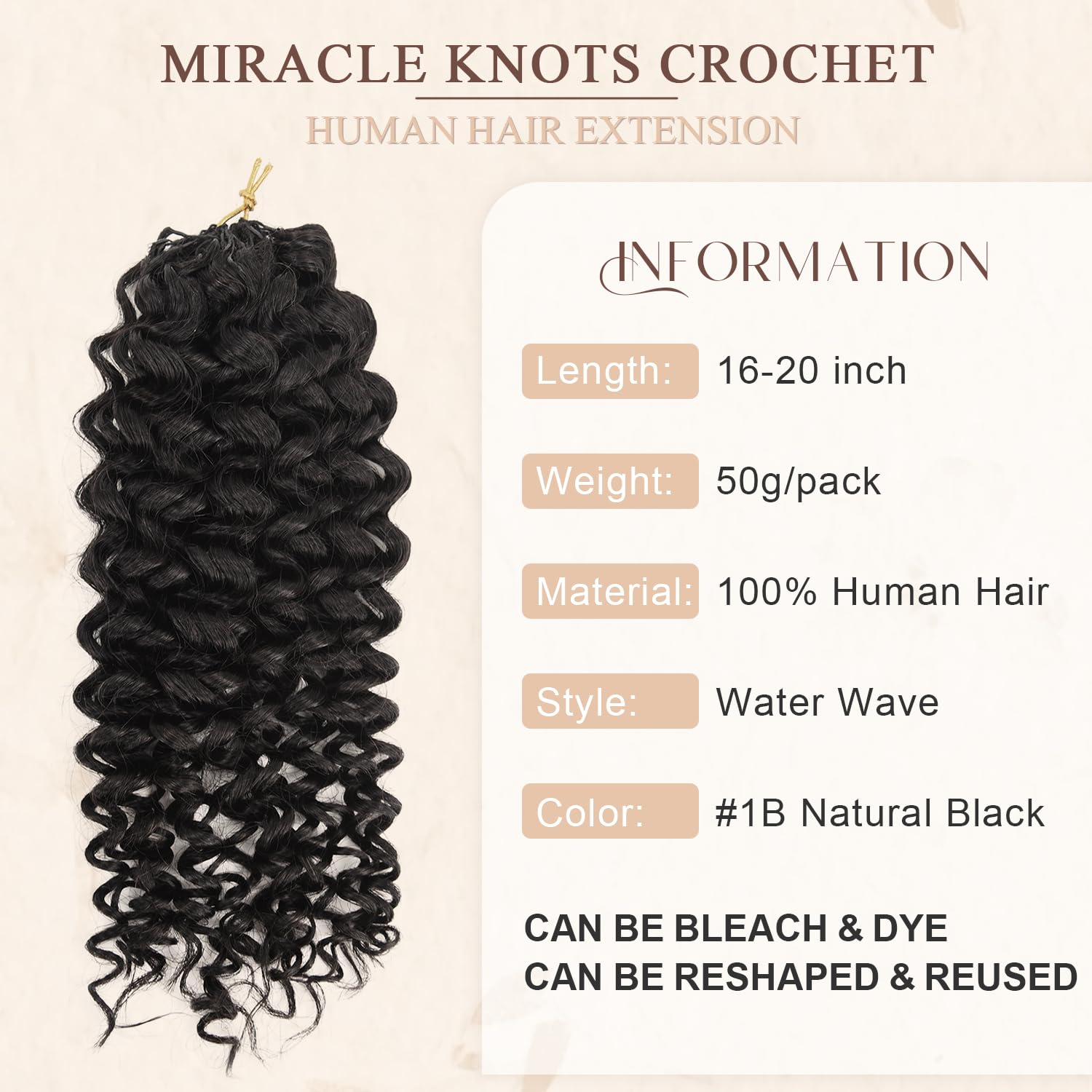 Feather Crochet Human Hair,Water Wave Knotless Pre-Separated Human Crochet Hair Bundle,Miracle Knots Invisible Hair Extension for Black Women (50g-Natural Black, 20" Water Wave)