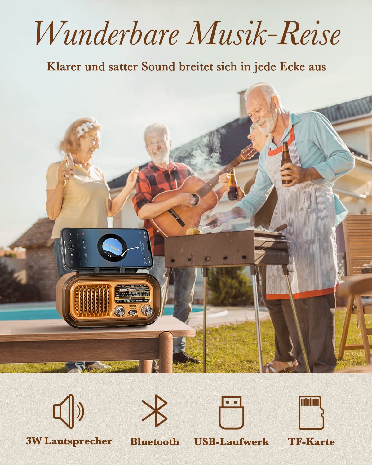 PRUNUS J-150 AM/FM/SW Retro Radio Klein, Vintage Radio Betrieben mit 1200mAh Akku oder D-Zellen Batterien, Mit Solarpanel, Kofferradio mit Bluetooth Unterstützt USB/TF-Karte Funktion (Gold)