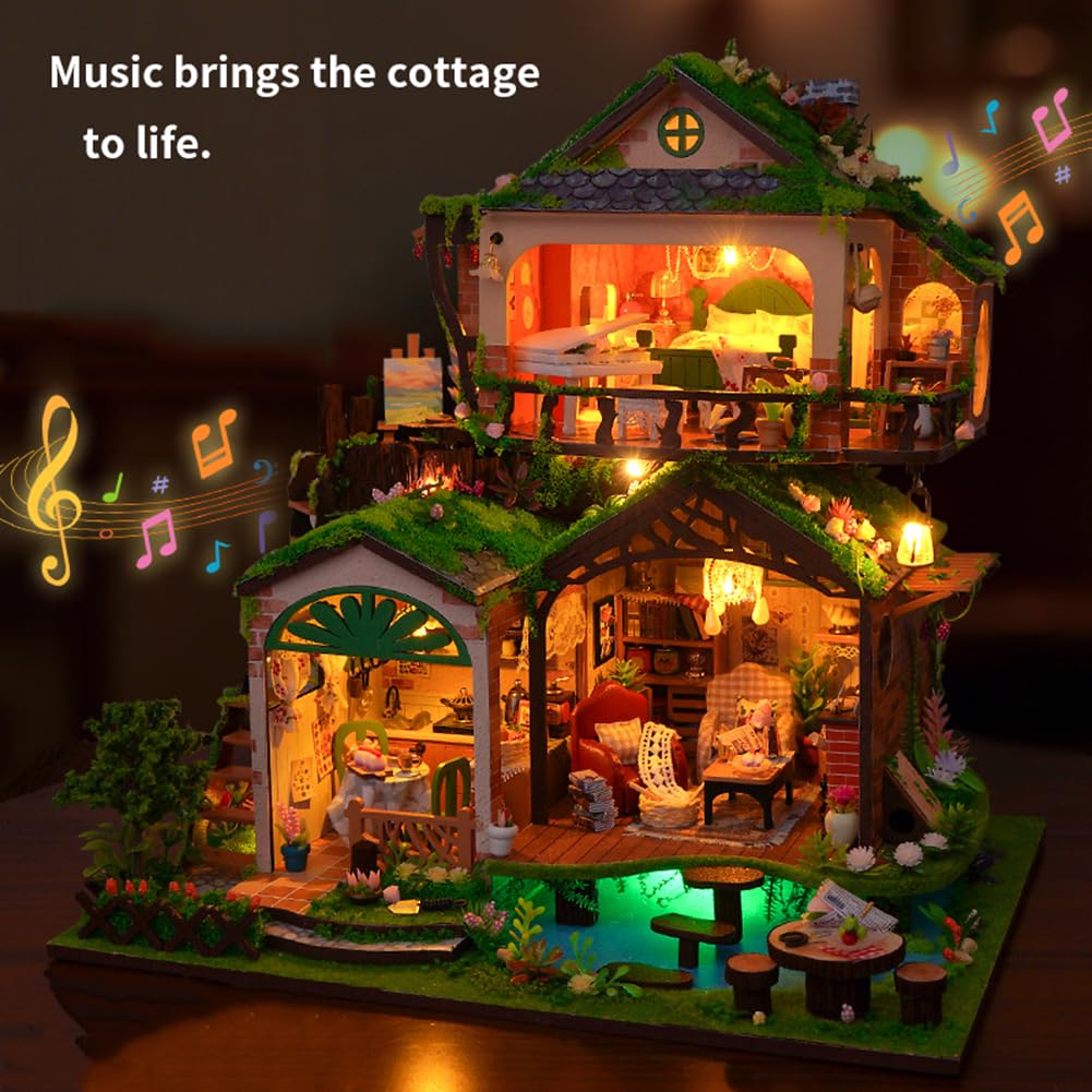 Domek dla lalek DIY, puzzle do pokoju 3D i podpórka do książek, zestaw "zrób to sam" do domku dla lalek z oświetleniem LED – kreatywny zestaw do dekoracji regału (bez osłony przeciwpyłowej)