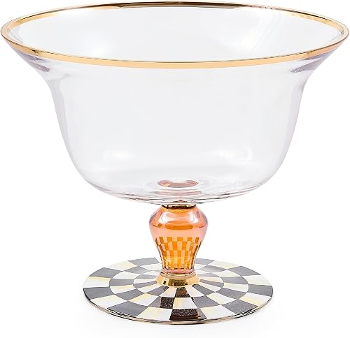 MACKENZIE-CHILDS Glass Pedestal Bowl, Decorative Serving Bowl, 7-Cup Capacity, Black-and-White Courtly Check