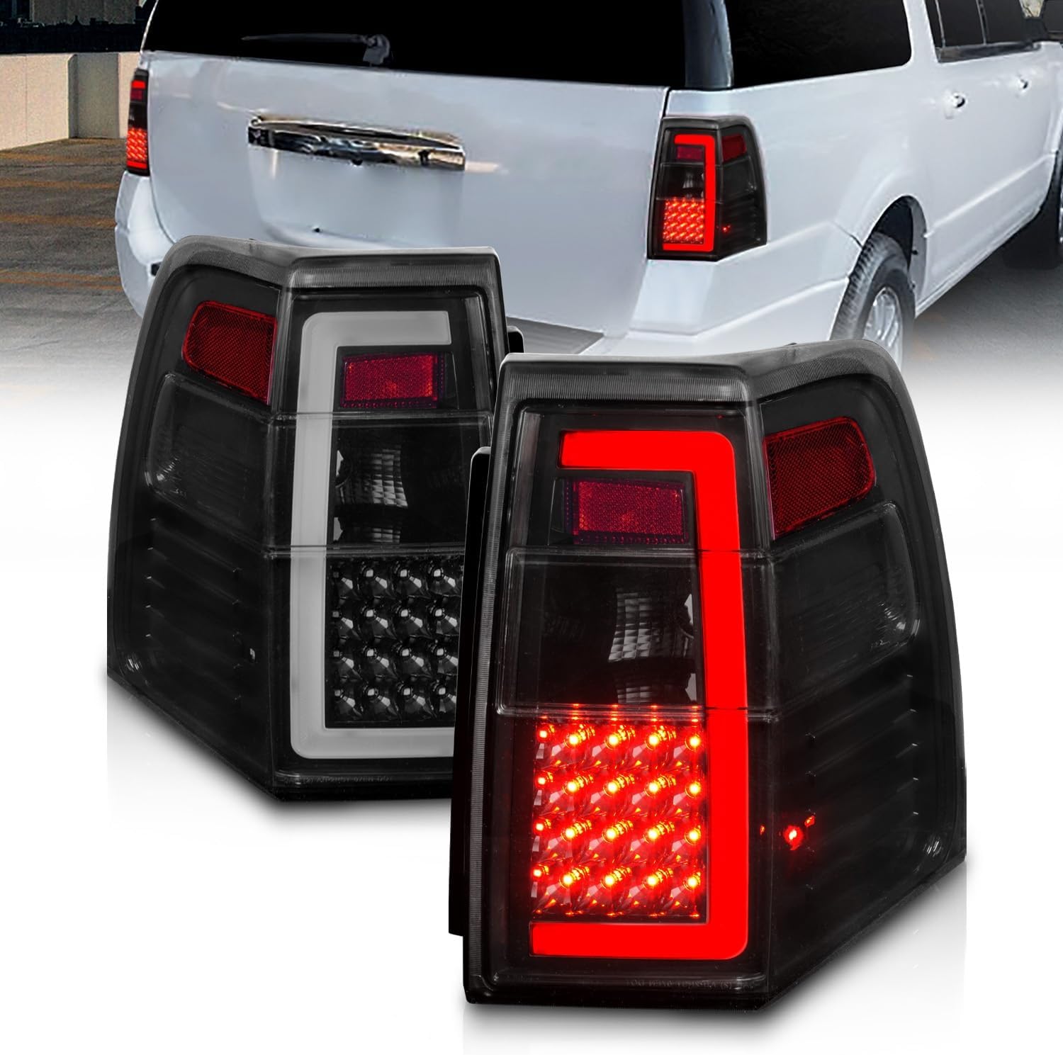 for 2007-2017 Ford Expedition [Full LED] C-Type Tube Sequential Siganl Smoke Black Replacement Tail Lights Set - Passenger and Driver Side