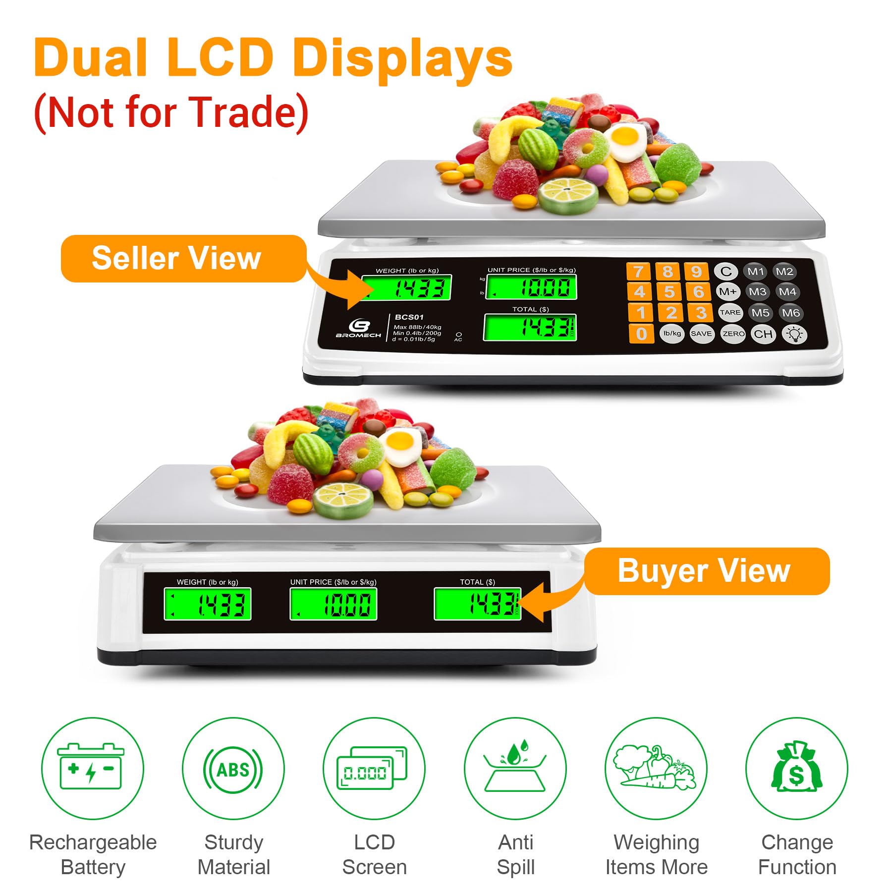 Bilancia per calcolo dei prezzi, 40 kg, bilancia commerciale per alimenti per la pesatura della carne, display LCD e retroilluminazione verde brillante per mercati agricoli, negozi di carne,