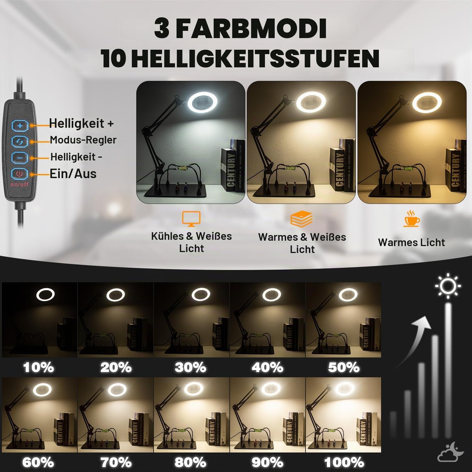 15X & 10X Lupe mit Licht und Ständer, Magnetische Dritte Hand Löten Lupe | Löthilfe Helfende Hand mit Lupe & Licht, LED Lupenleuchte für Basteln, Löten, Reparatur, 3 Farbmodi Dimmbare