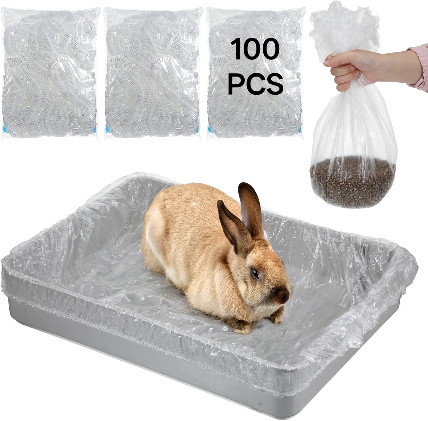 COMNICO Disposable Small Animals Cage Liners, 100 Pcs Rabbit Guinea Pig Cage Liner Bags Universal Plastic Film for Bunny Bird Hedgehog Chinchilla Essentials Indoor