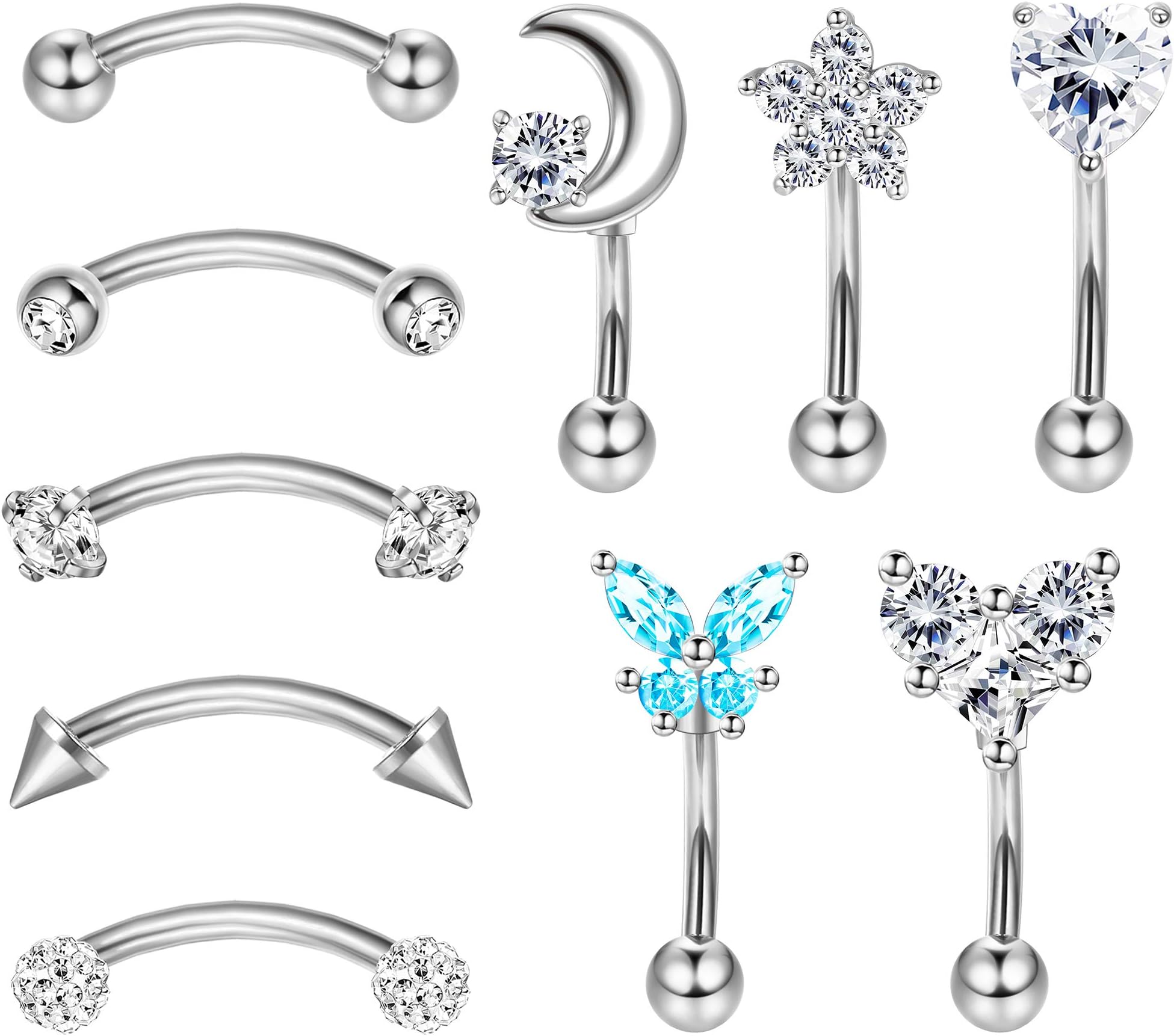 Drperfect 10Pcs 16G Rook Daith Earrings for Women Stainless Steel Belly Lip Ring Cartilage Tragus CZ Body Piercing Curved Barbell Eyebrow Rings 6-8mm