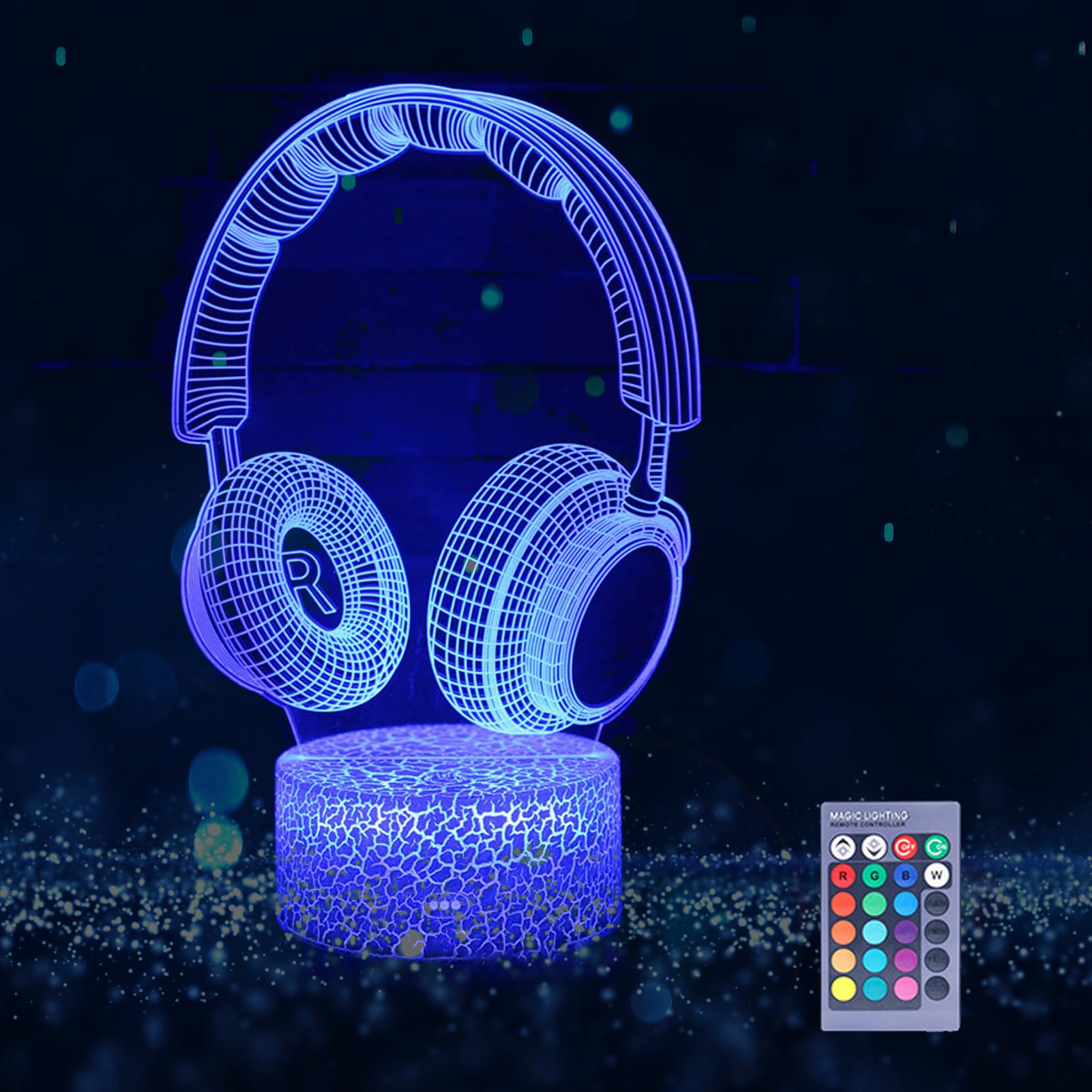 Tuzsocr Headphones 3D Optical Illusion Lamp,Hologram Illusion Controller Night Light,LED Bedside Table Desk Lamp,16 Colors Change with Remote Control,Birthday Gift for Boy Children Earphone Lovers (C)