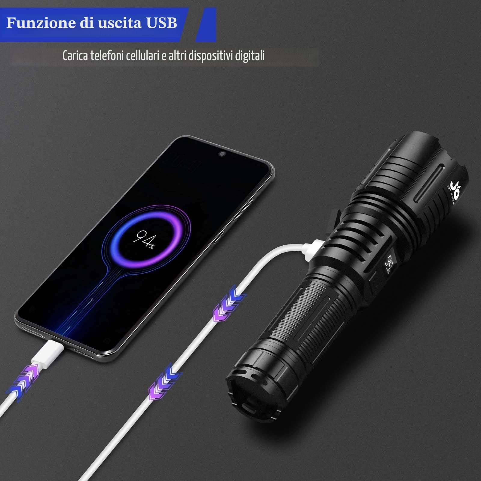JAY-PARK Torcia LED Potente Professionale 1000000 Lumen, Torcia LED Ricaricabile con Batteria 5000 mAh, Torcia Potente con 5 Modalità, Zoomabile, Impermeabile IPX7 Per Campeggio, Escursioni, Emergenze