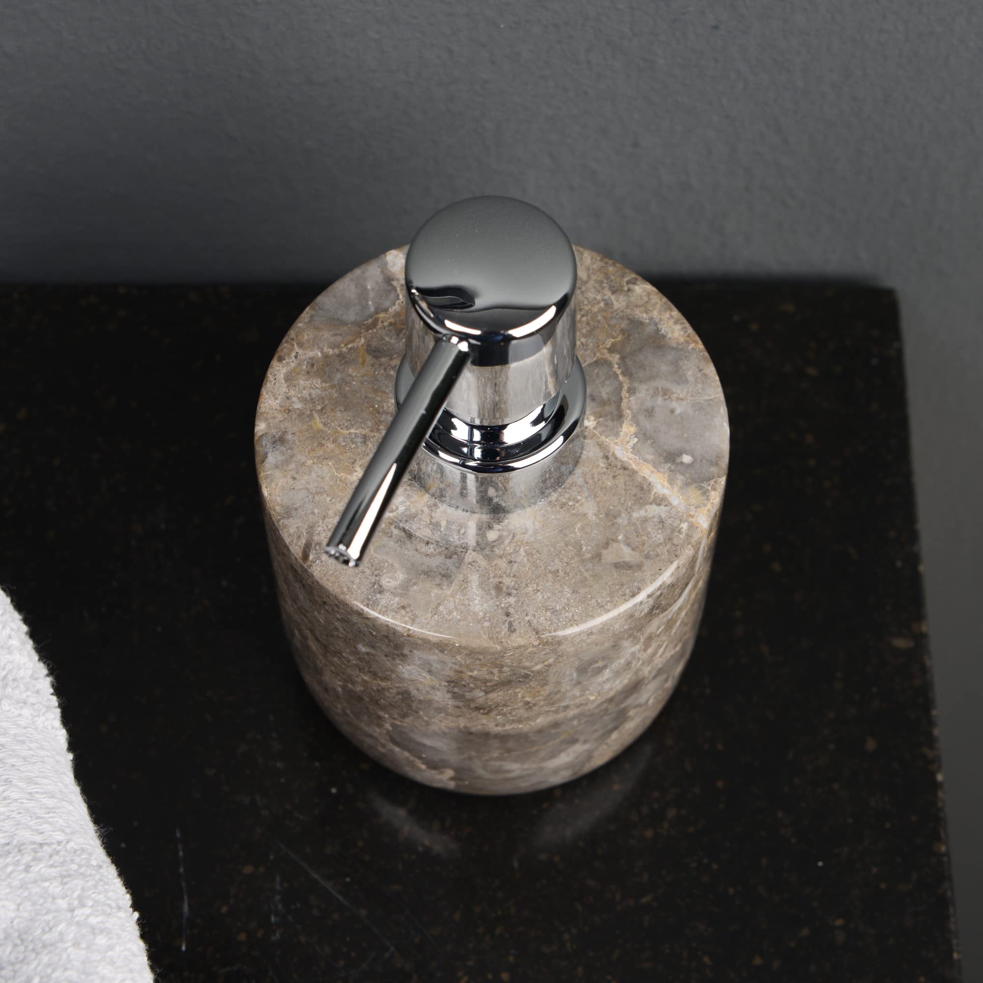 Dispensador de jabón de mármol gris redondo, 15 cm, dispensador dosificador rellenable de piedra natural