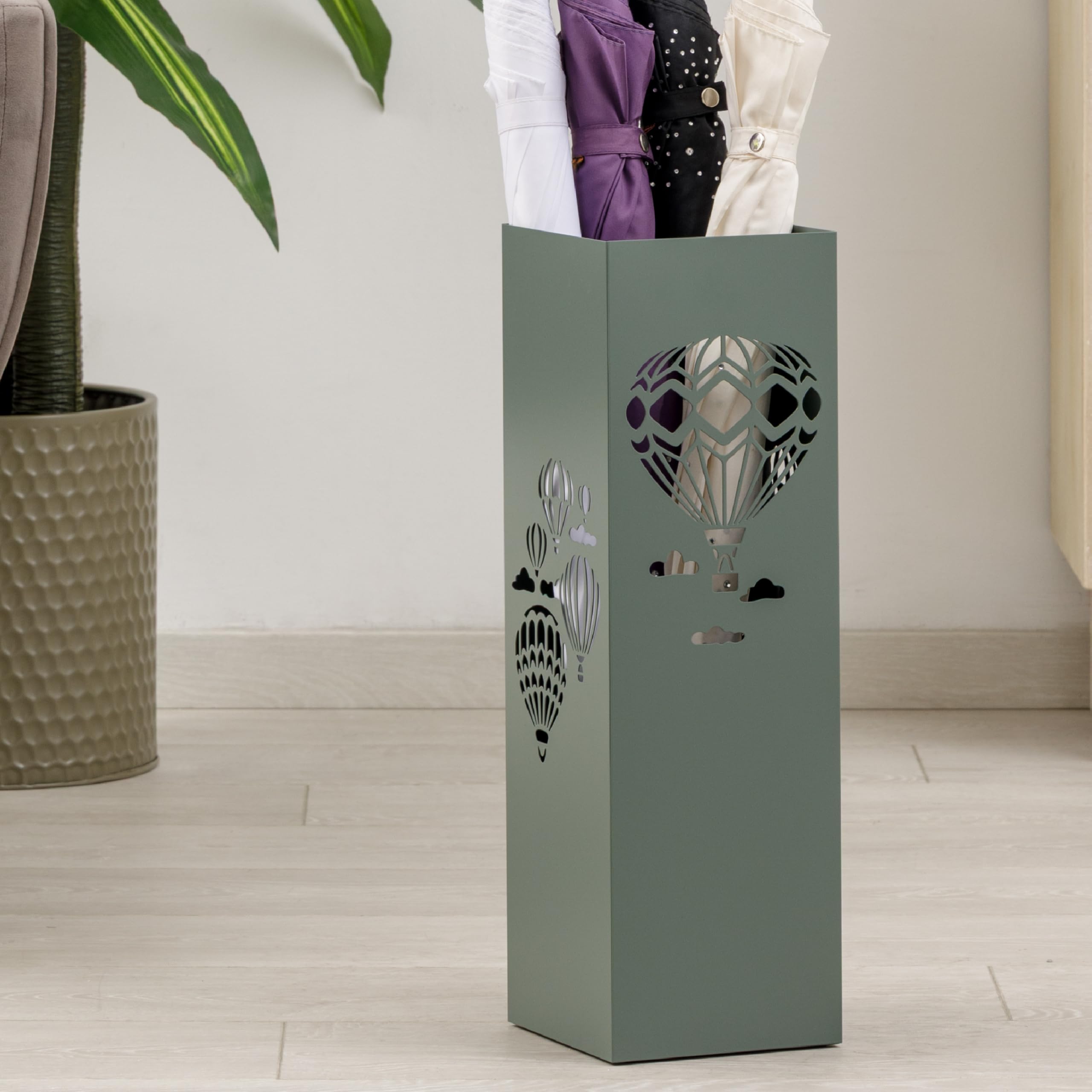 Baroni Home Portaombrelli Design Moderno Porta Ombrelli in Metallo con Mongolfiere 2 Gancini e Vaschetta Scolapioggia Rimovibile 16x16x49 cm Verde
