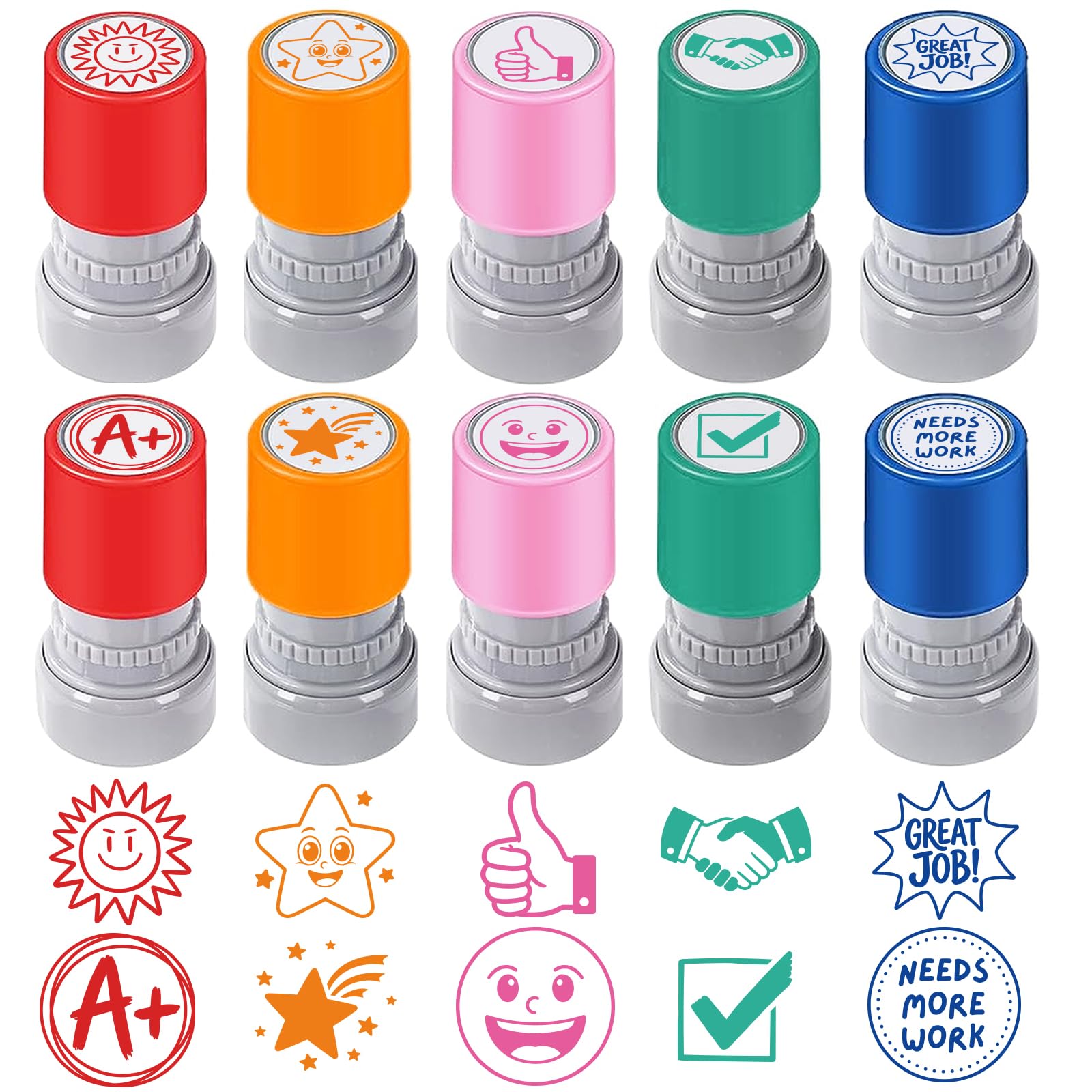 TWINKLEMON 10 Pcs Sorted Teacher Stamp, Teachers Self-Inking Reward Stamps for Marking, Colorful Encouragement Review Grading Stamper for Teacher Classroom Essentials School Student, Includes no Ink