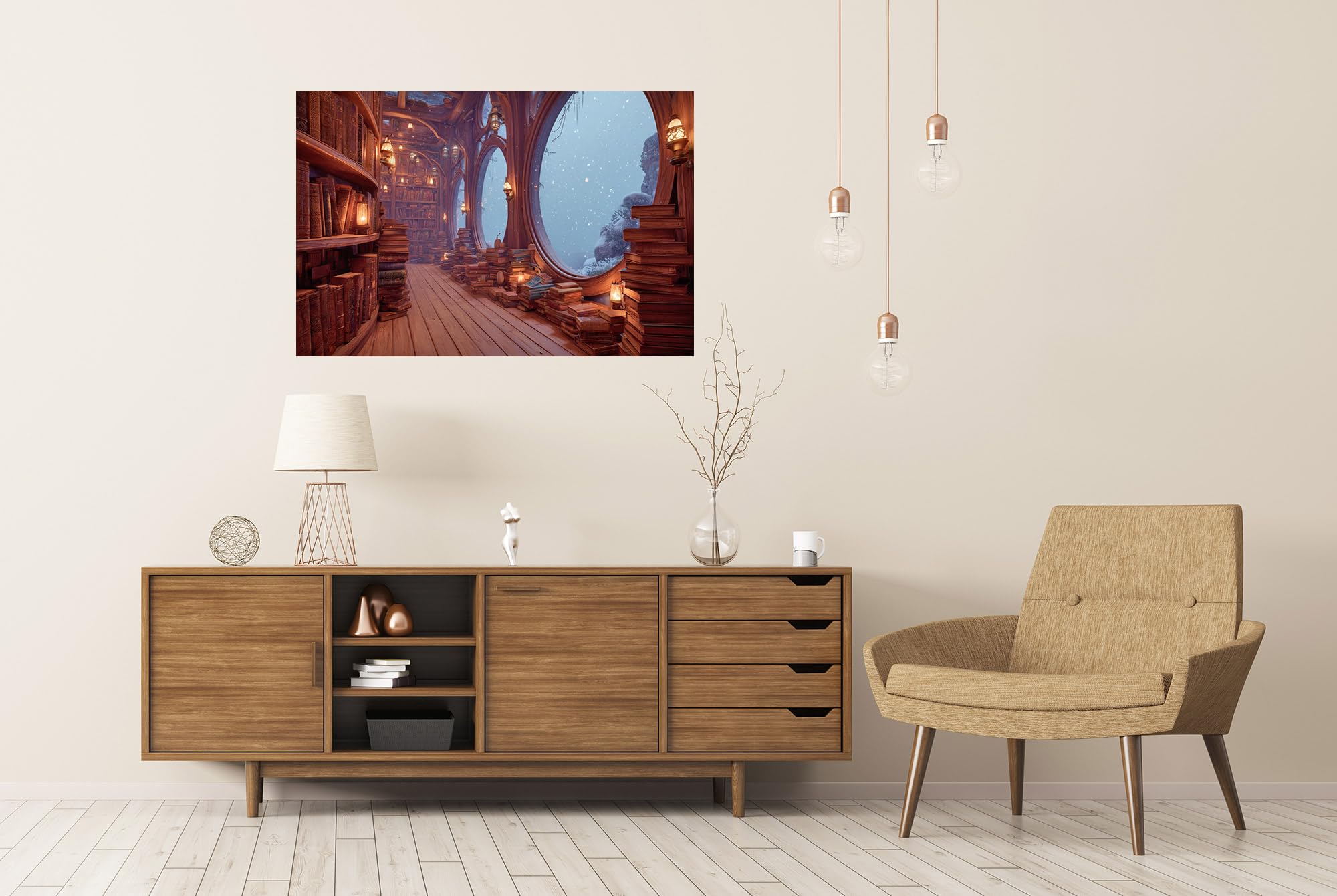 islandburner Poster de qualité supérieure - Bibliothèque confortable avec vue magnifique et lumière chaude - Grand format