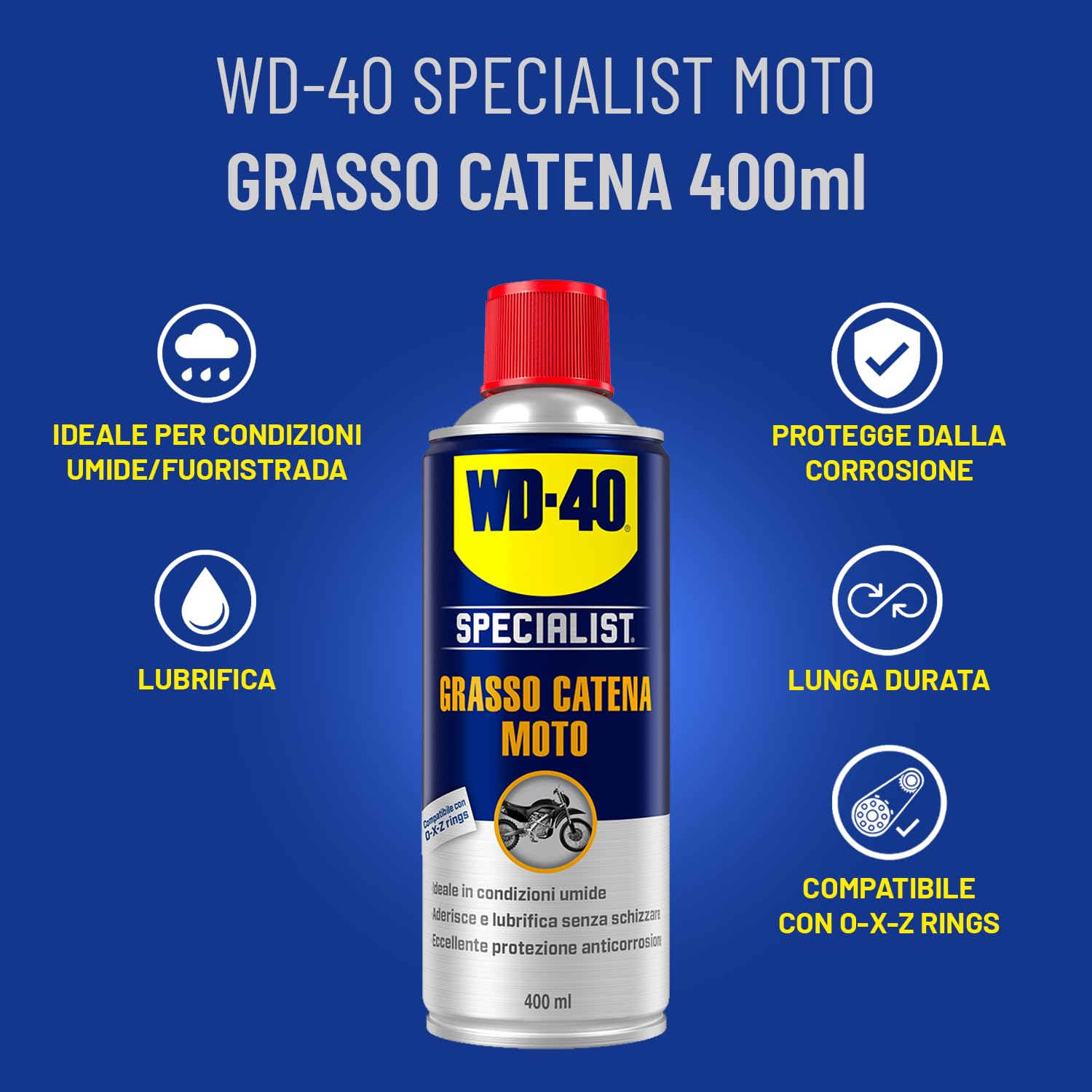 WD-40 - Specialist - Grasso Catena Moto - Per Condizioni Umide - Lubrifica, Previene la ruggine a lungo termine, Riduce l'usura della catena della moto - Compatible con O, X, Z Rings - Spray 400ml