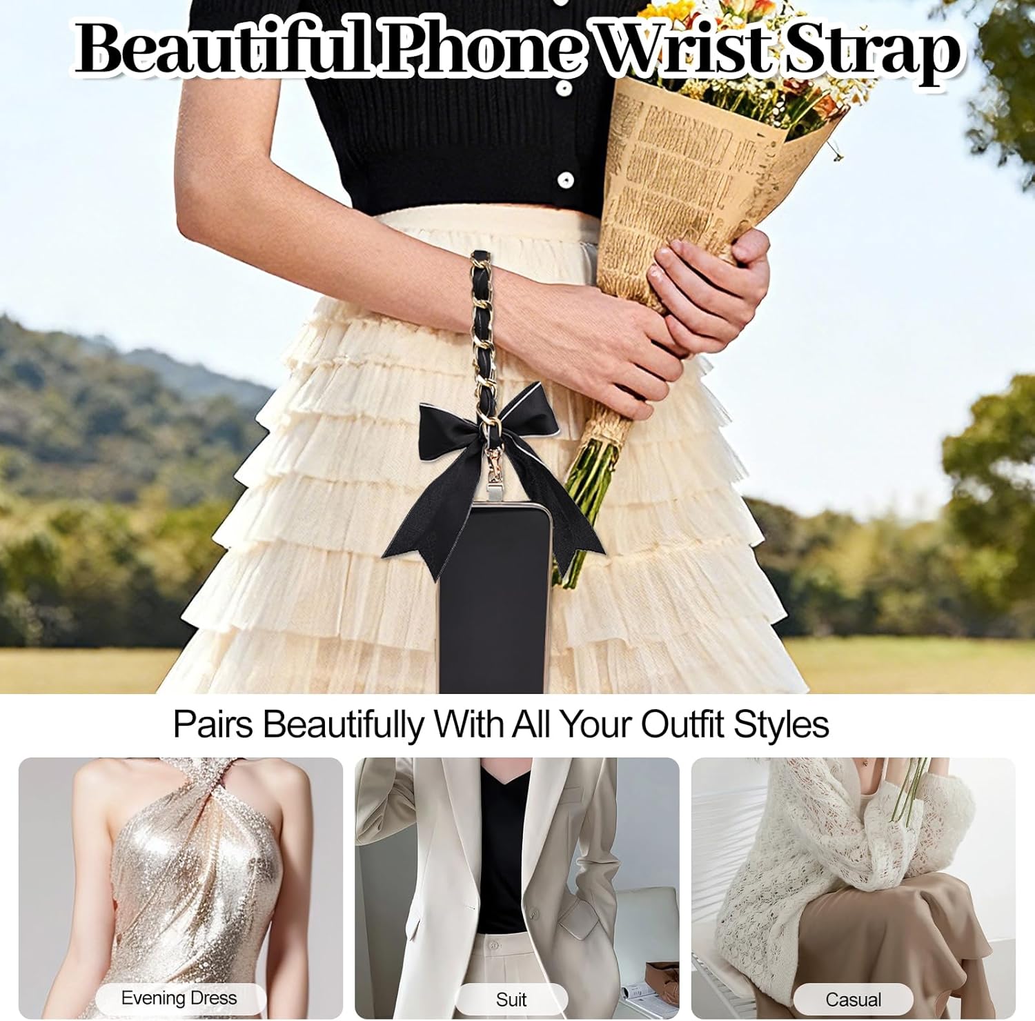 Ribbon Bow Phone Wrist Strap for Women Anti-theft Golden Metal Phone Chain