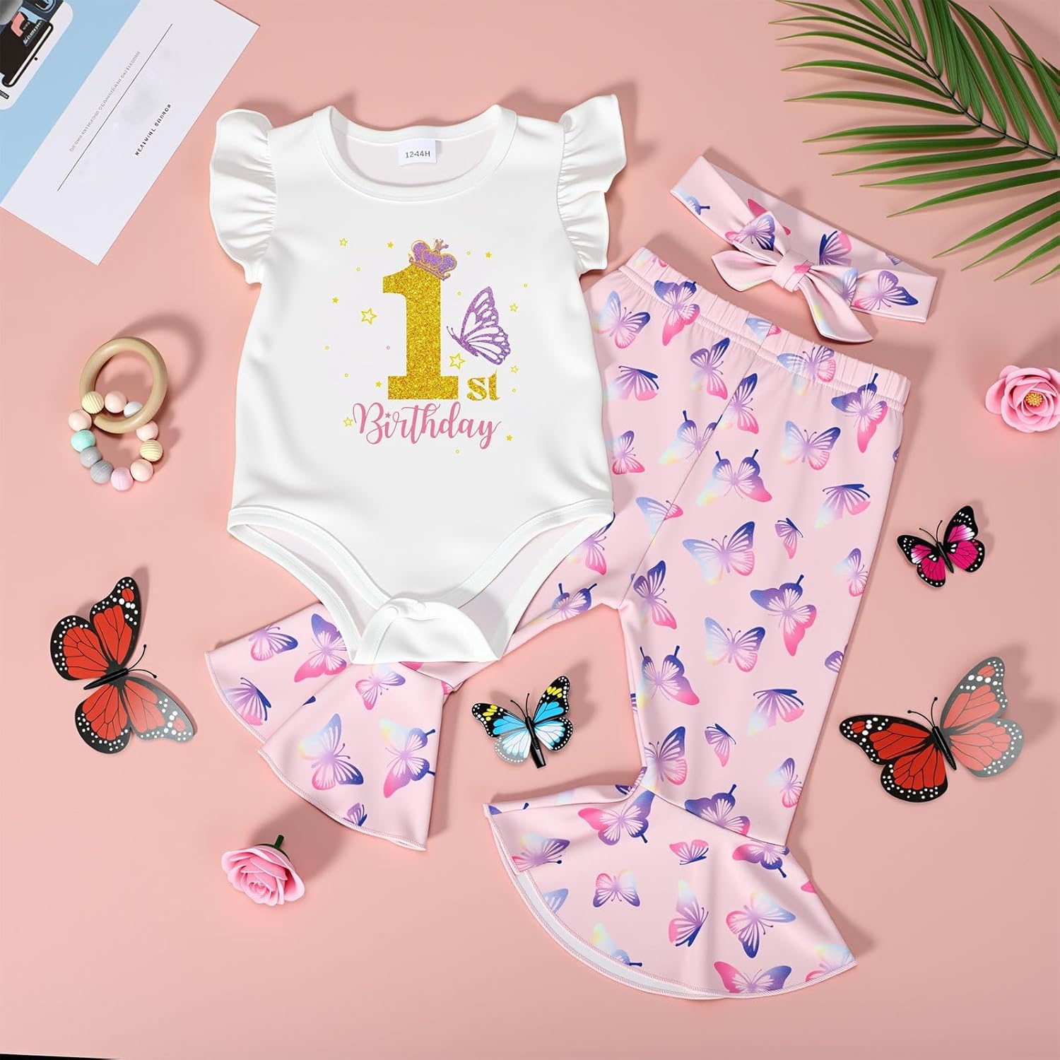 Baby 1st Birthday Outfit Girl One Year Old Clothes Butterfly Romper Flared Pant Headband Set for Little Girl Gifts - Image 7