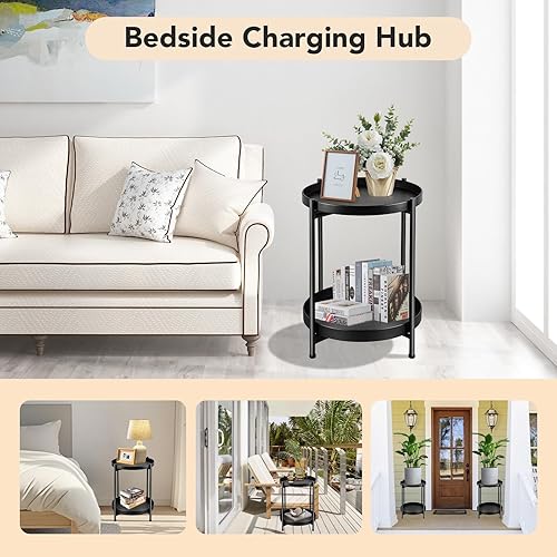 Miniatura 3 de Mesa auxiliar pequeña redonda para espacios pequeños en interiores y exteriores, mini mesa auxiliar de metal, soporte de planta de 2 niveles