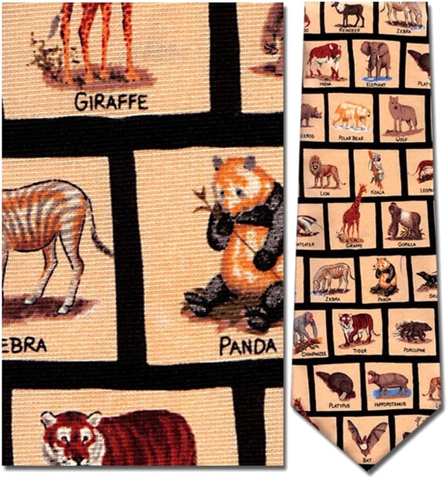 Men's 100% Silk Beige Mammals Zebra Tiger Panda Giraffes Animals Tie Necktie