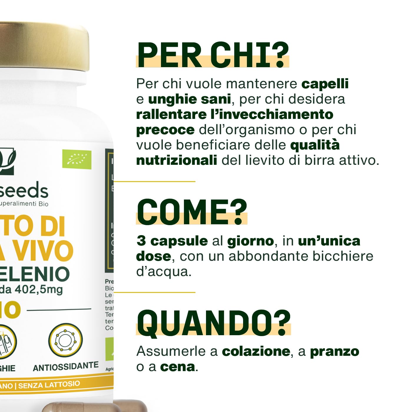 Lievito di Birra Vivo BIO | Bellezza dei Capelli e delle Unghie | Lievito Attivo, 1200mg / giorno | Ricco di Selenio | 90 capsule vegane | Qualità superiore