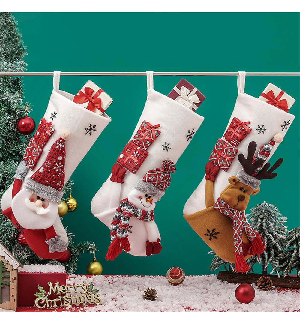 TemooChristmas Stocking Set Of 3, 49 * 22cm Large Personalised Christmas Stockings, Santa Claus Snowman Elk Christmas Stockings, Hanging Xmas Stockings, Bags For Party.