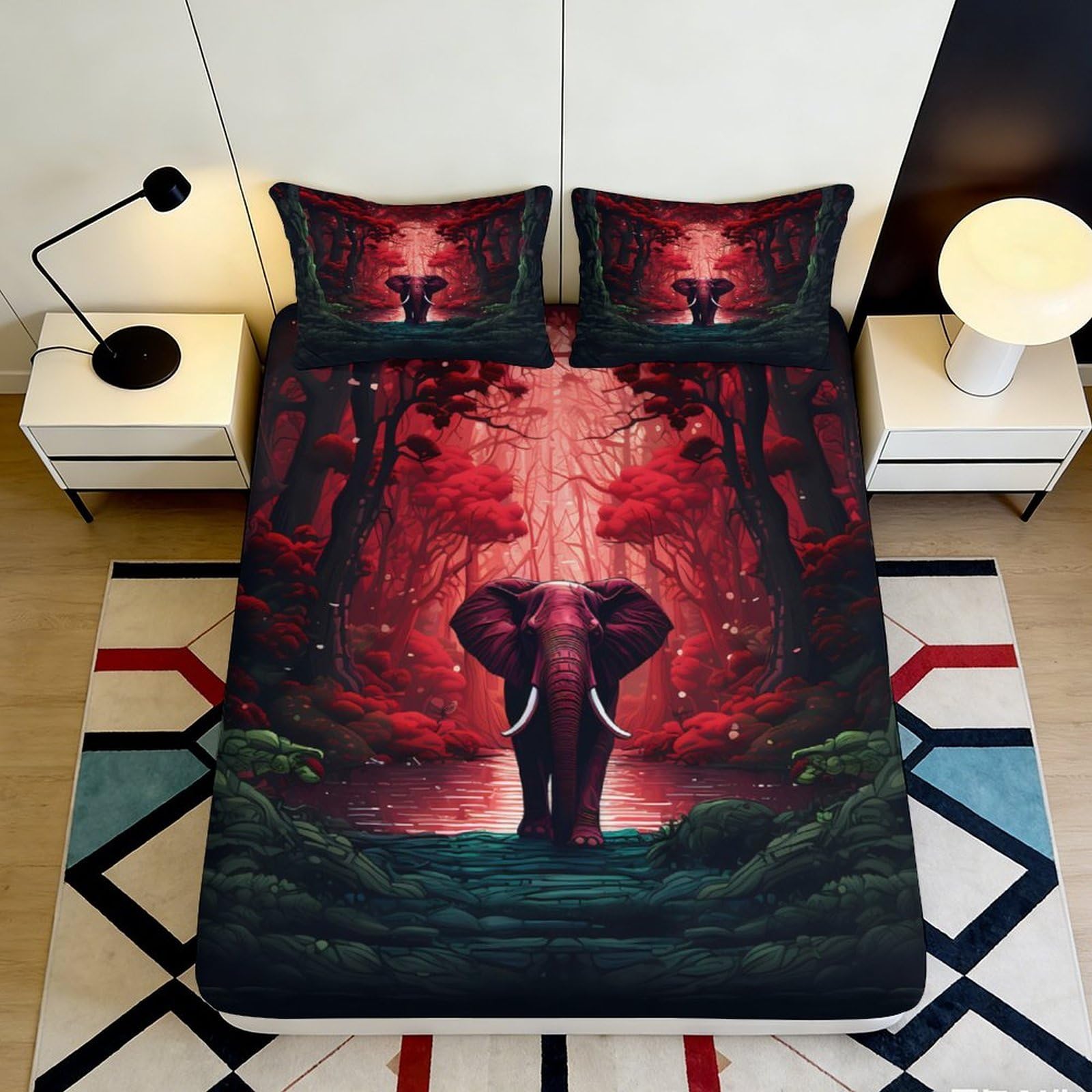 3D Printed Red Forest Elephant Fitted Sheet Microfiber Durable Soft Bed Cover with 3D Artwork for Bedroom Dormitory Guest Room Protection 140x200x25cm