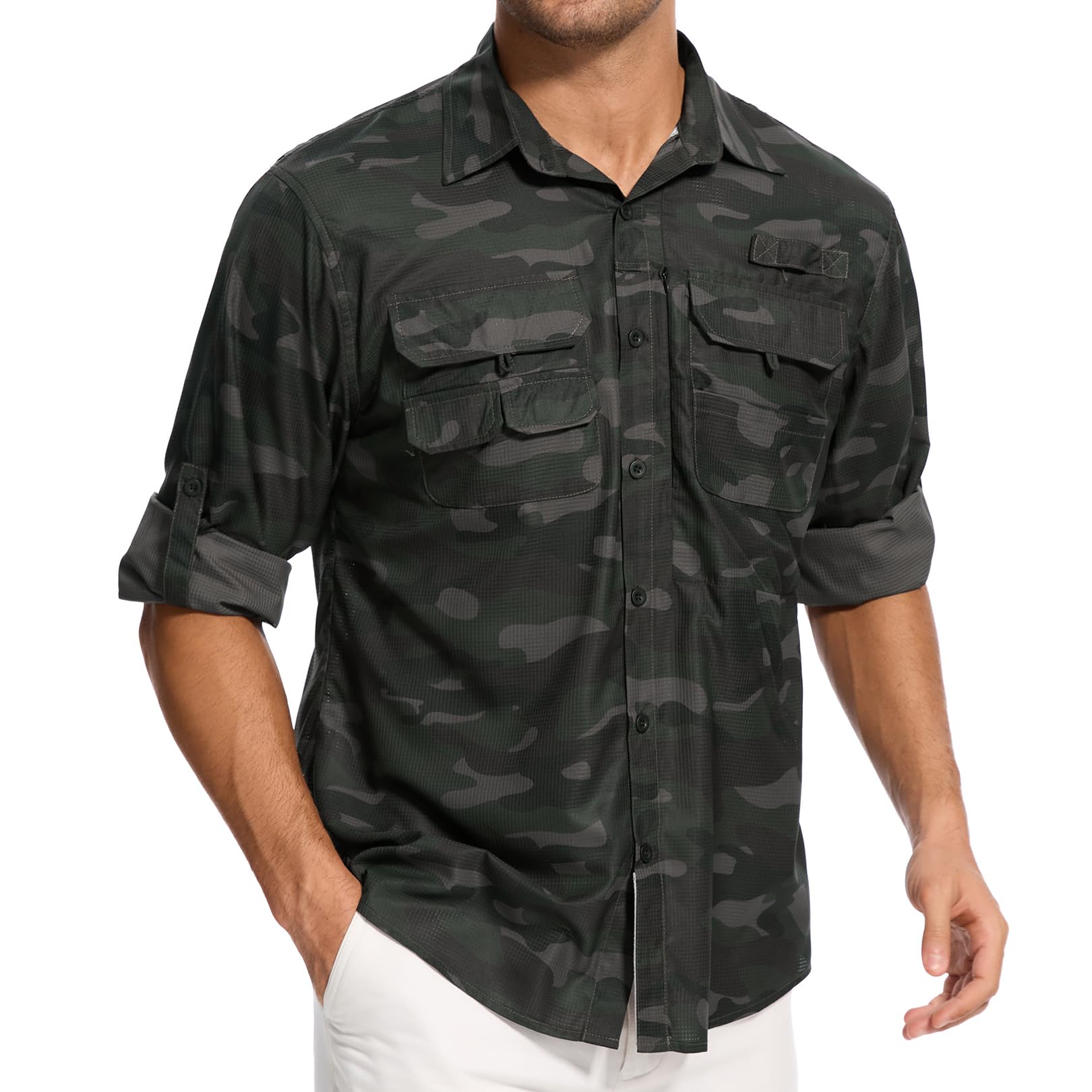 Mens Sun Protection Fishing Shirts Long Sleeve Travel UPF 50 UV Quick Dry Cooling Safari Camping Hiking Button