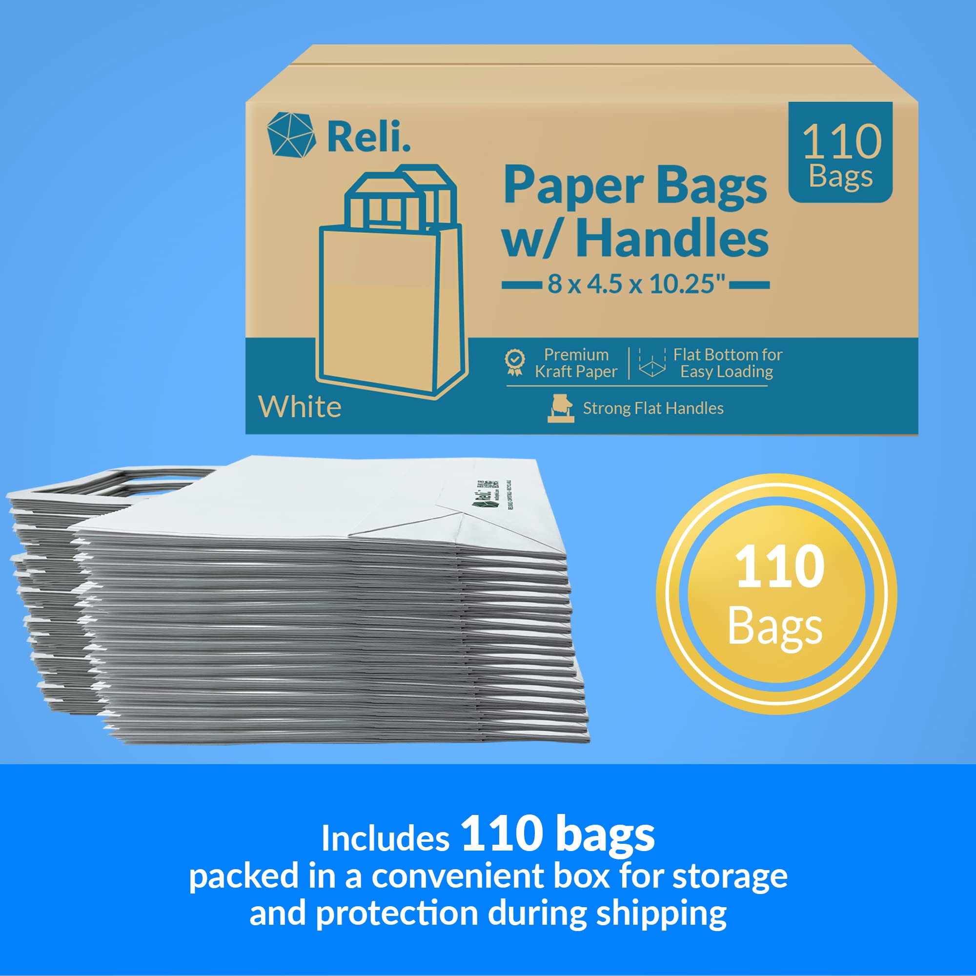 Reli. Bolsas de papel blanco | 110 piezas a granel | 8 x 4.5 x 10.2 pulgadas | Bolsas de papel blanco con asas | Bolsas de regalo de papel kraft / bolsas de compras | Pequeñas bolsas de papel para