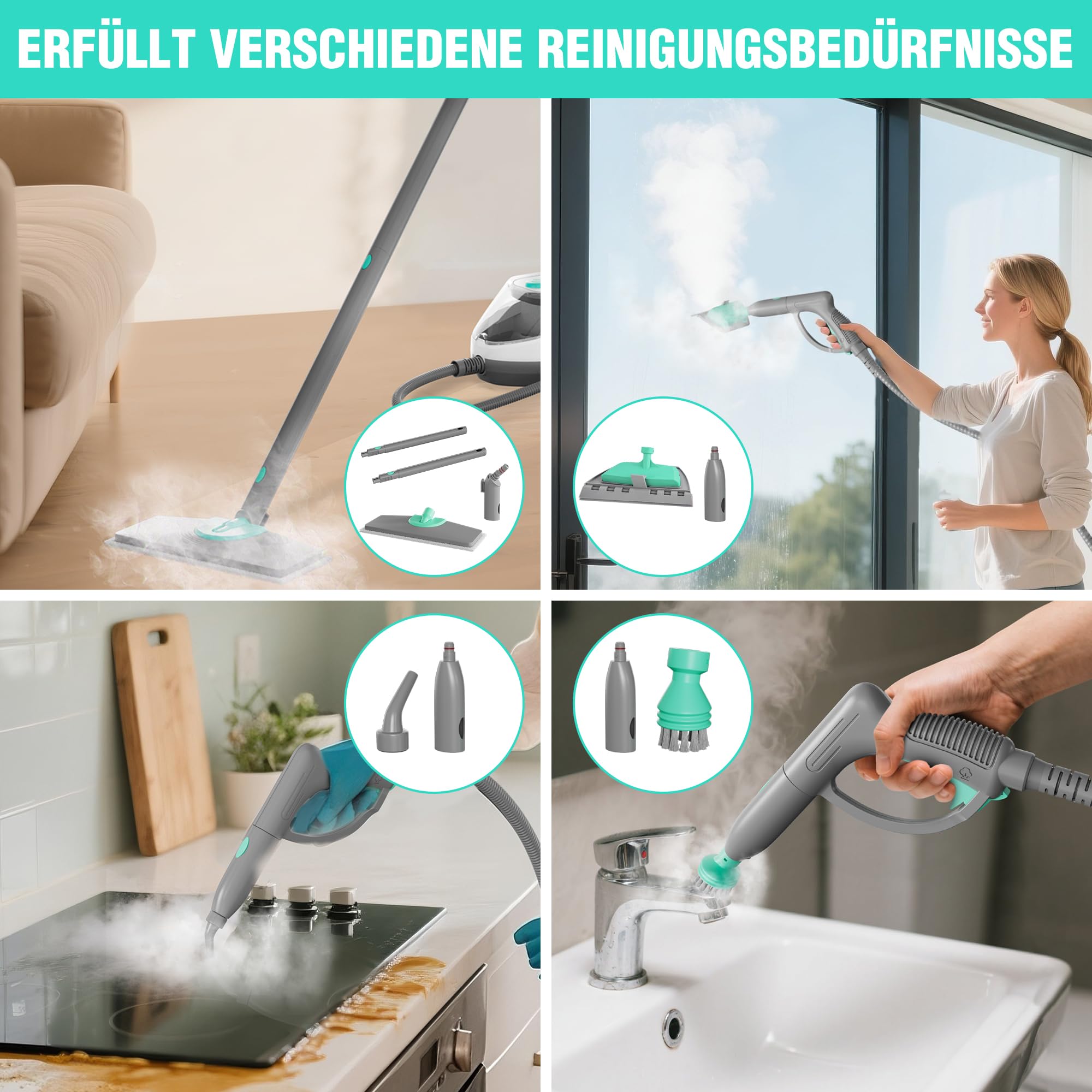HAUSHOF Dampfreiniger 1800 W, mit 1,5 L Tank, max. 4 ,0 bar Dampfdruck, Aufheizzeit 8 Min, Dampfzeit bis zu 30 Min, inkl. 17 Zubehör & 3 m Netzkabel, für Boden, Teppich, Fenster & Küche, Weiß-Grün