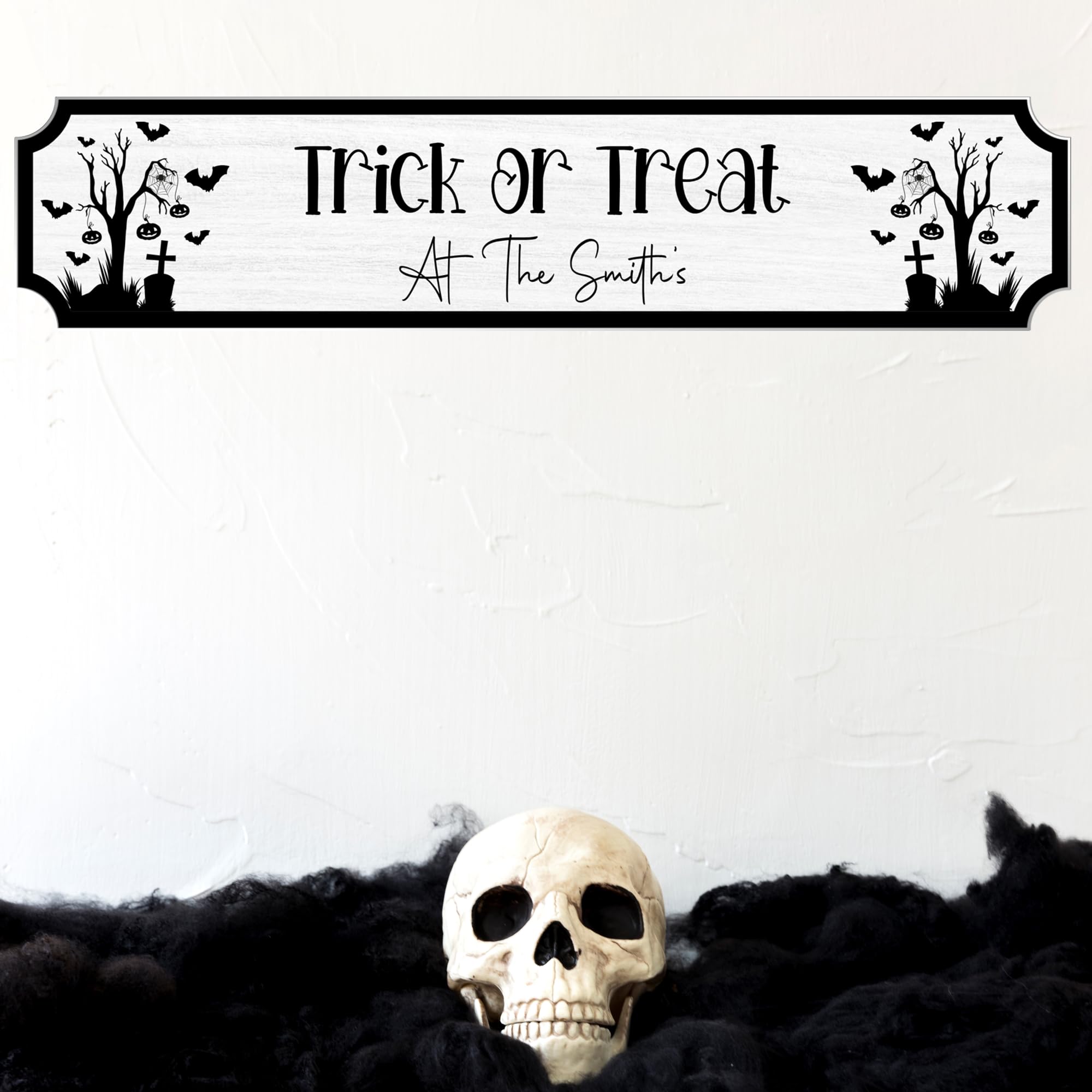 Personalised Halloween Street Sign - Custom Trick or Treat at The Smith's Decor - Black and White Design (Medium 390mm x 85mm, Acrylic Indoor & Outdoor Use)
