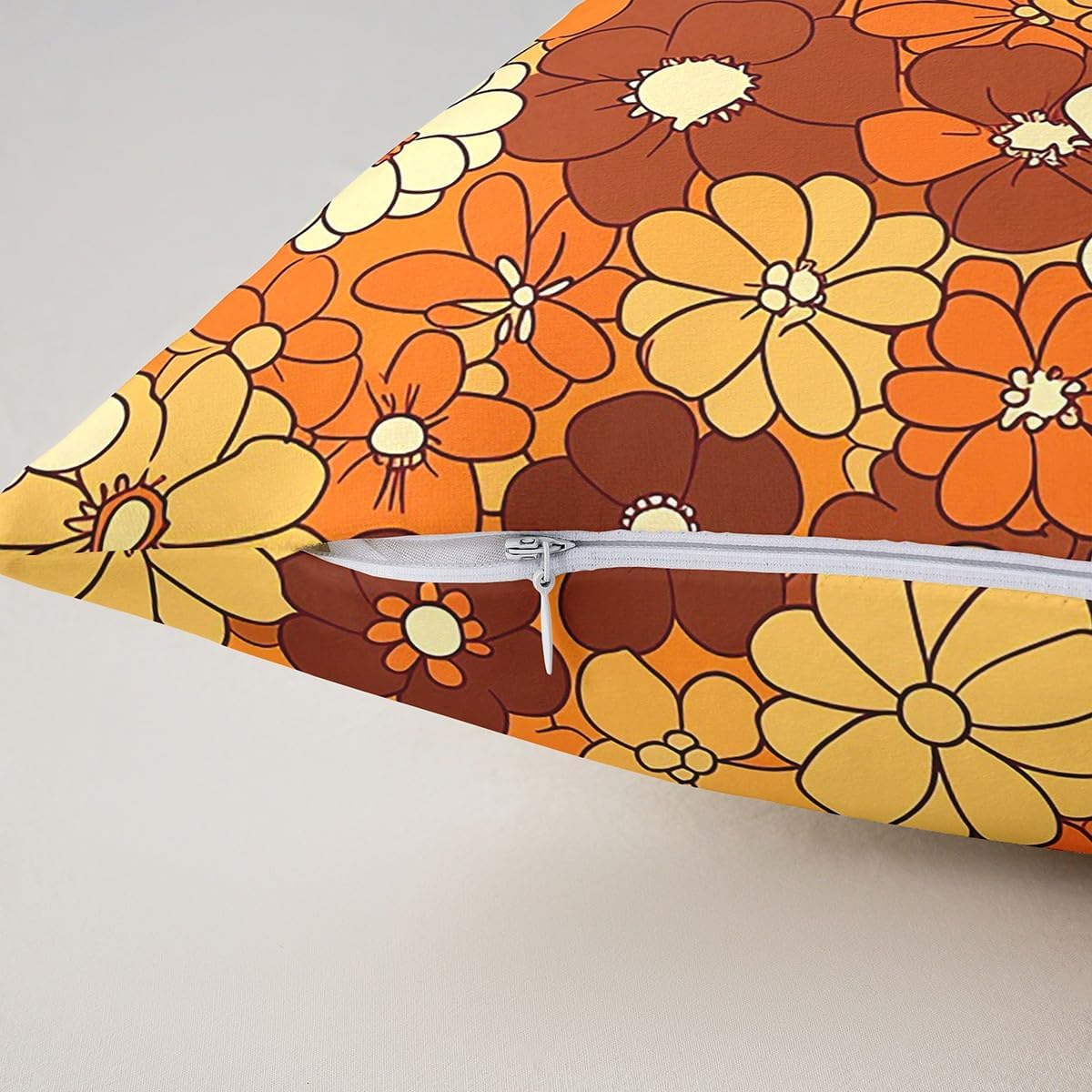Set of 2 Boho Floral Throw Pillow Covers 24x24 Retro Groovy Flowers Cushion Covers 60S 70S Hippie Flower Cushion Cases for Kids Girls Women Groovy Natural Garden Botanical Pillow Covers Orange Brown