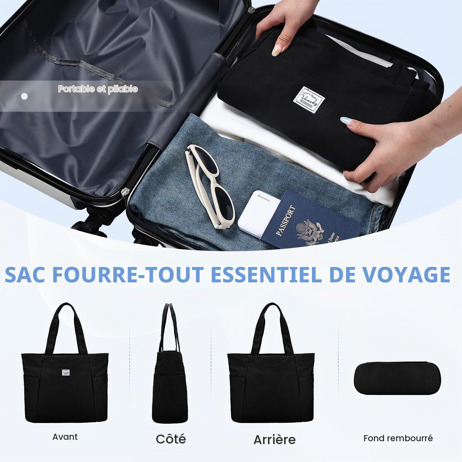 VASCHY Grand Tote Bag, Cabas Femme en Toile Léger Sac Fourre-Tout avec Fermeture Eclair Sac à Main en Tissu Réutilisable pour fille pour École Université Shopping Travail Voyage